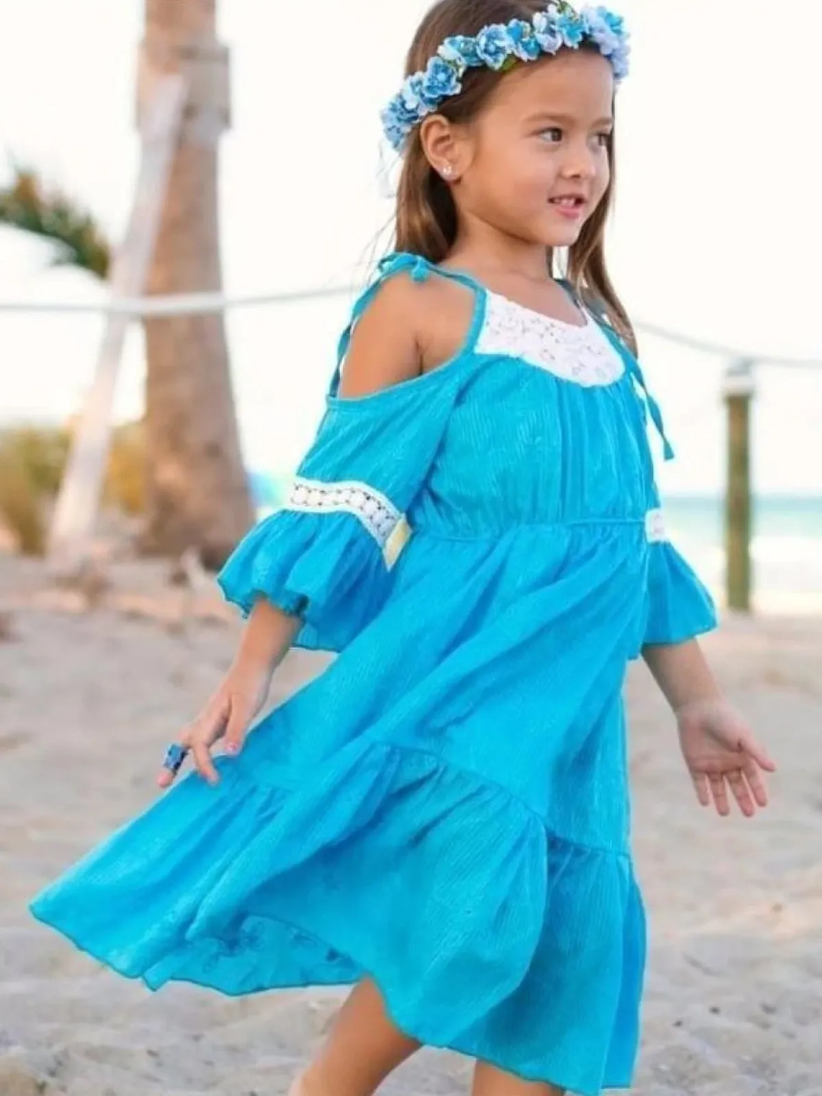 Girls Turquoise Embroidered Cold Shoulder Ruffled Peasant Dress