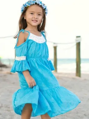 Girls Turquoise Embroidered Cold Shoulder Ruffled Peasant Dress