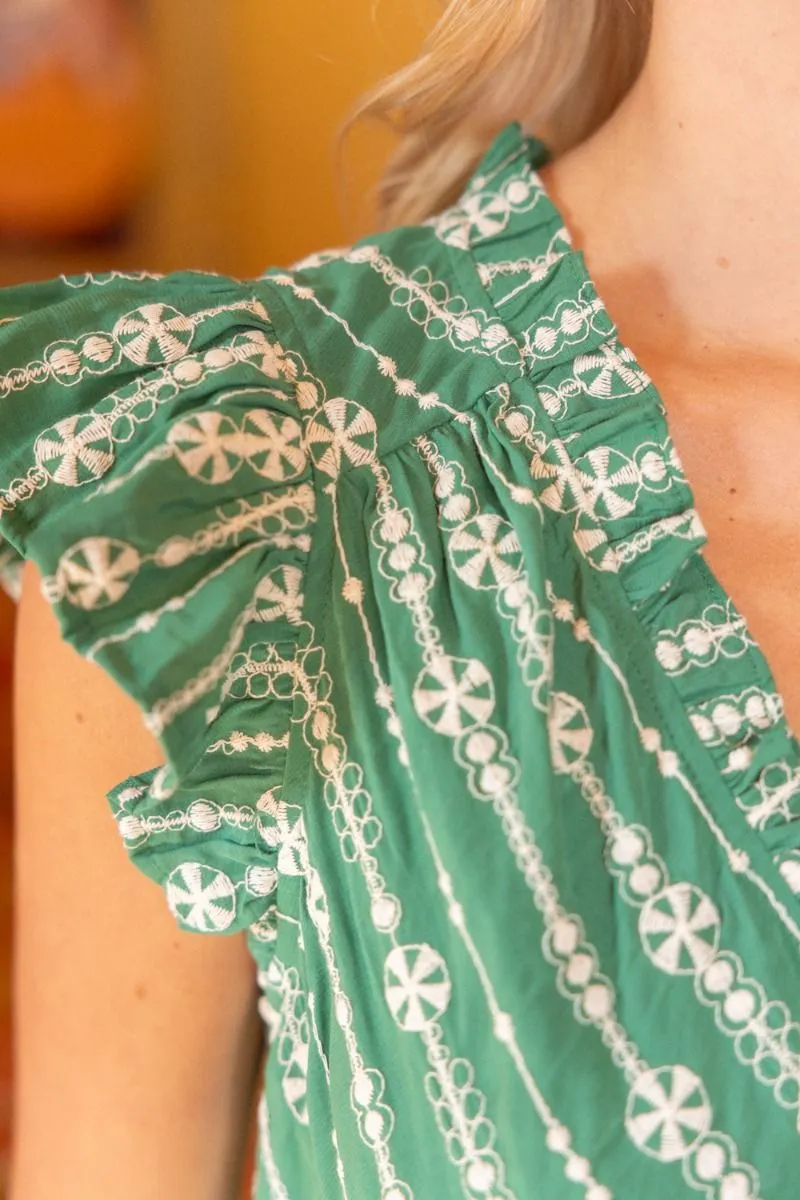 Gisele Green Ruffle Detailed Embroidered Tiered VOY Dress