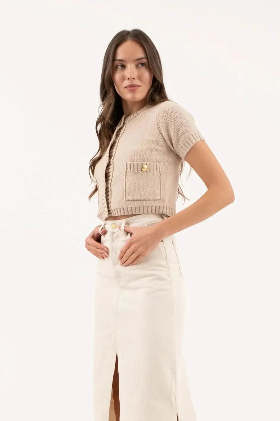 Gold Button Cardigan-Light Taupe