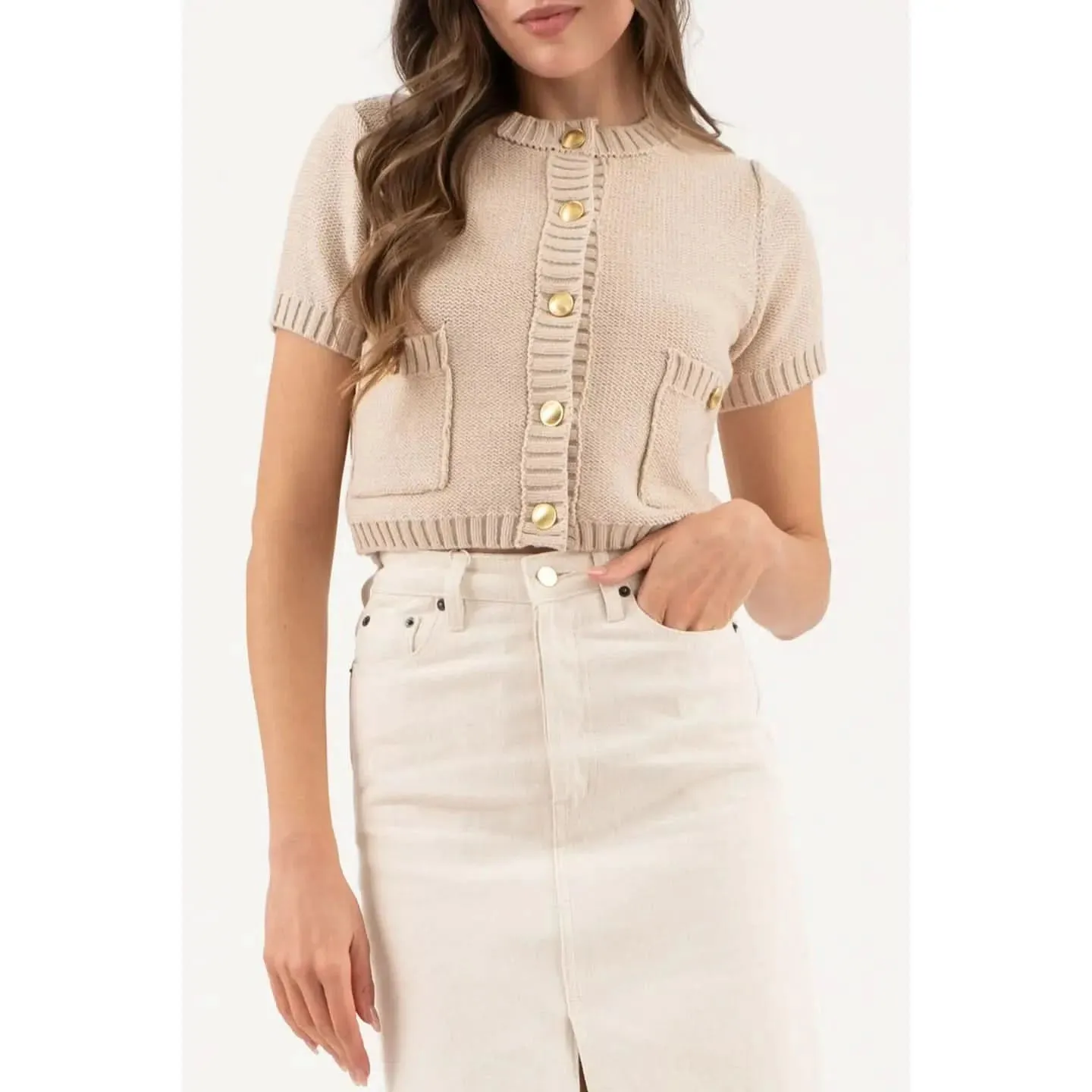 Gold Button Cardigan-Light Taupe