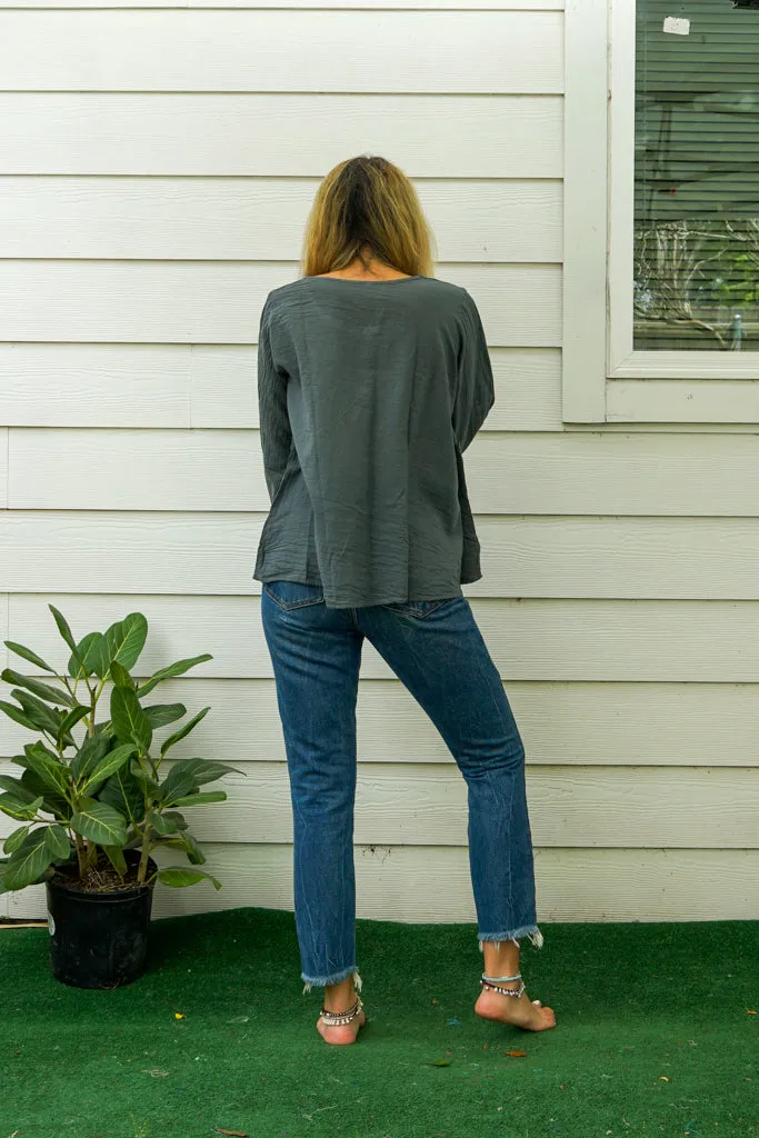 Gray Natural Raw Cotton Gauze Long Sleeve Blouse with Pocket