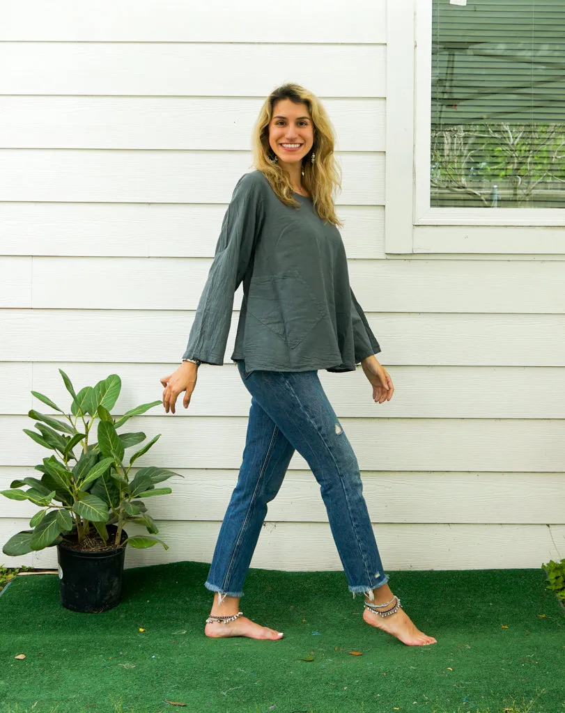 Gray Natural Raw Cotton Gauze Long Sleeve Blouse with Pocket