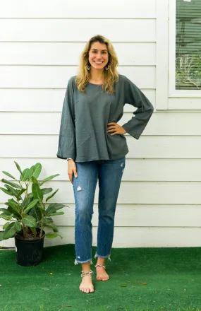 Gray Natural Raw Cotton Gauze Long Sleeve Blouse with Pocket