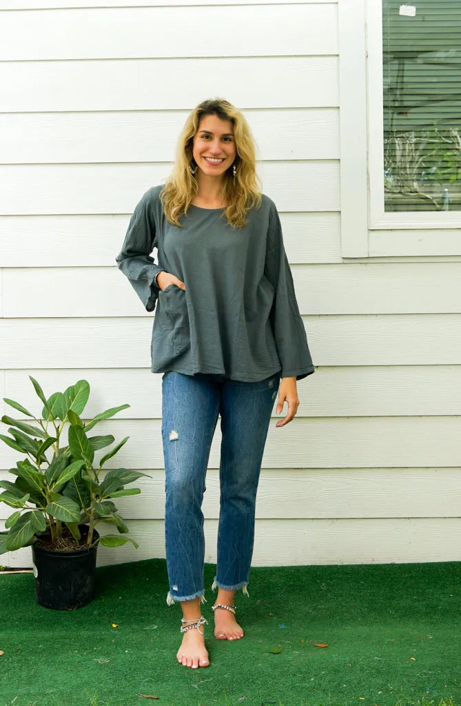 Gray Natural Raw Cotton Gauze Long Sleeve Blouse with Pocket