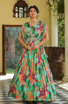 Green Chinon Silk Jungle Print Party Gown With Belt & Attached Cape