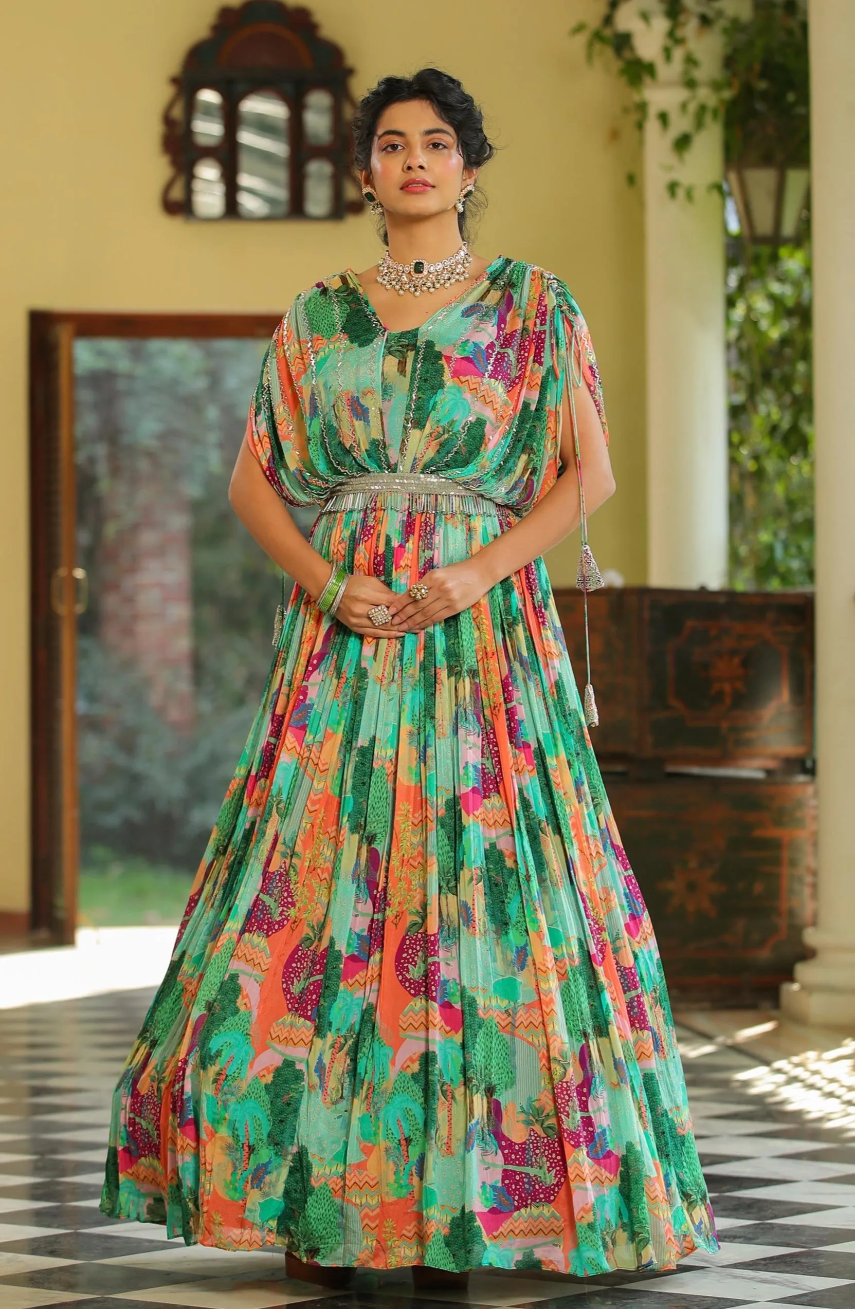 Green Chinon Silk Jungle Print Party Gown With Belt & Attached Cape