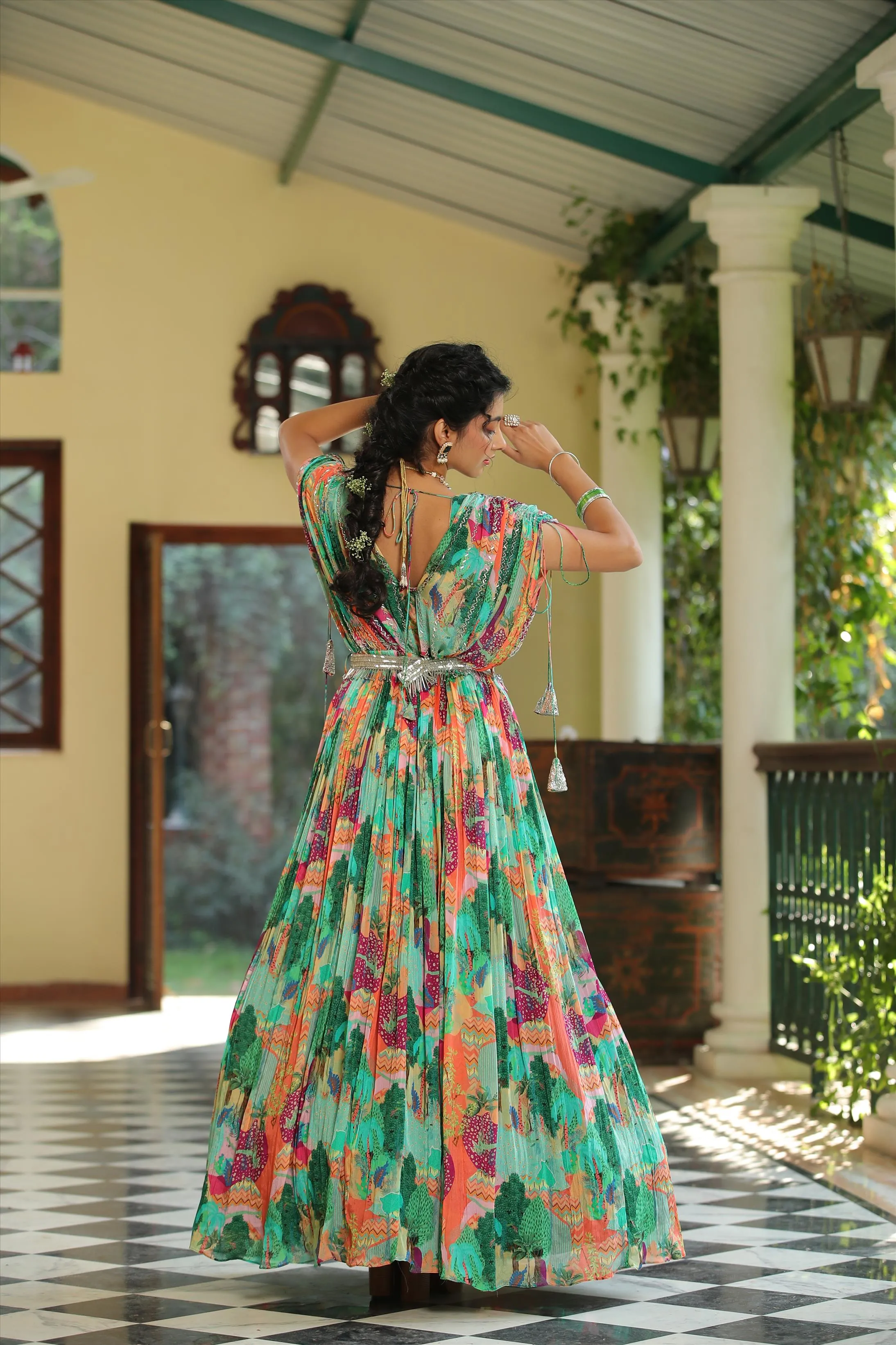Green Chinon Silk Jungle Print Party Gown With Belt & Attached Cape