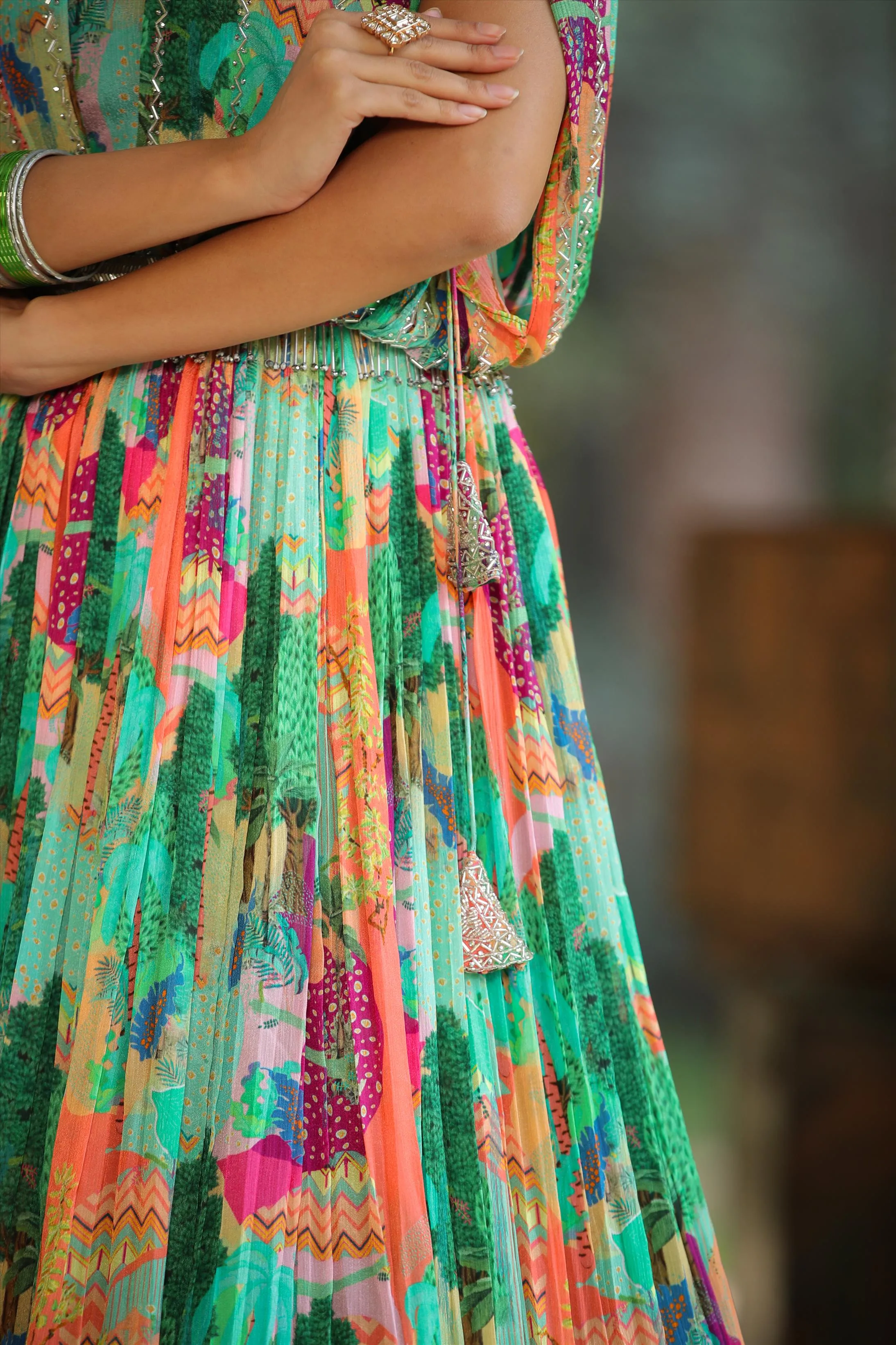 Green Chinon Silk Jungle Print Party Gown With Belt & Attached Cape