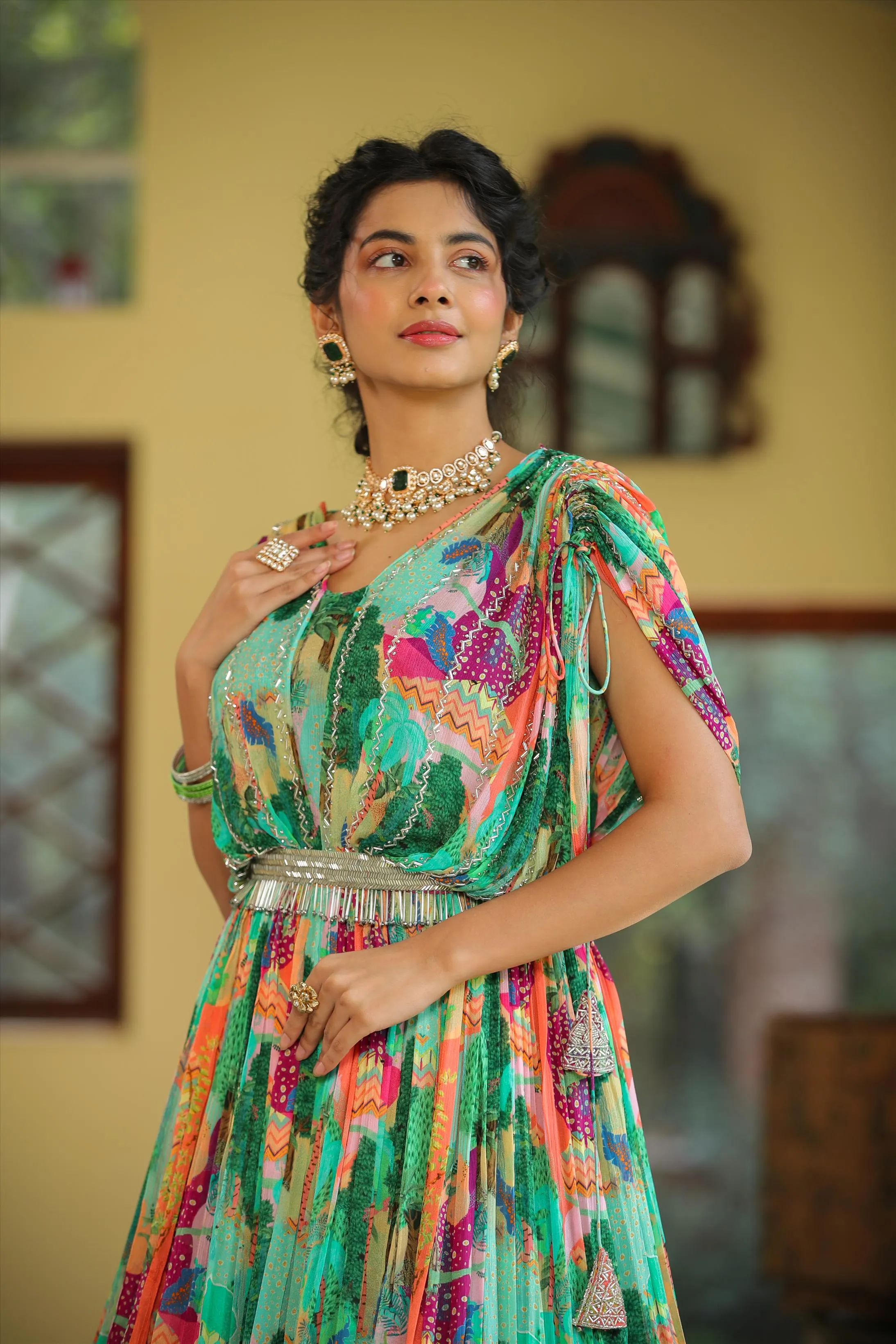 Green Chinon Silk Jungle Print Party Gown With Belt & Attached Cape