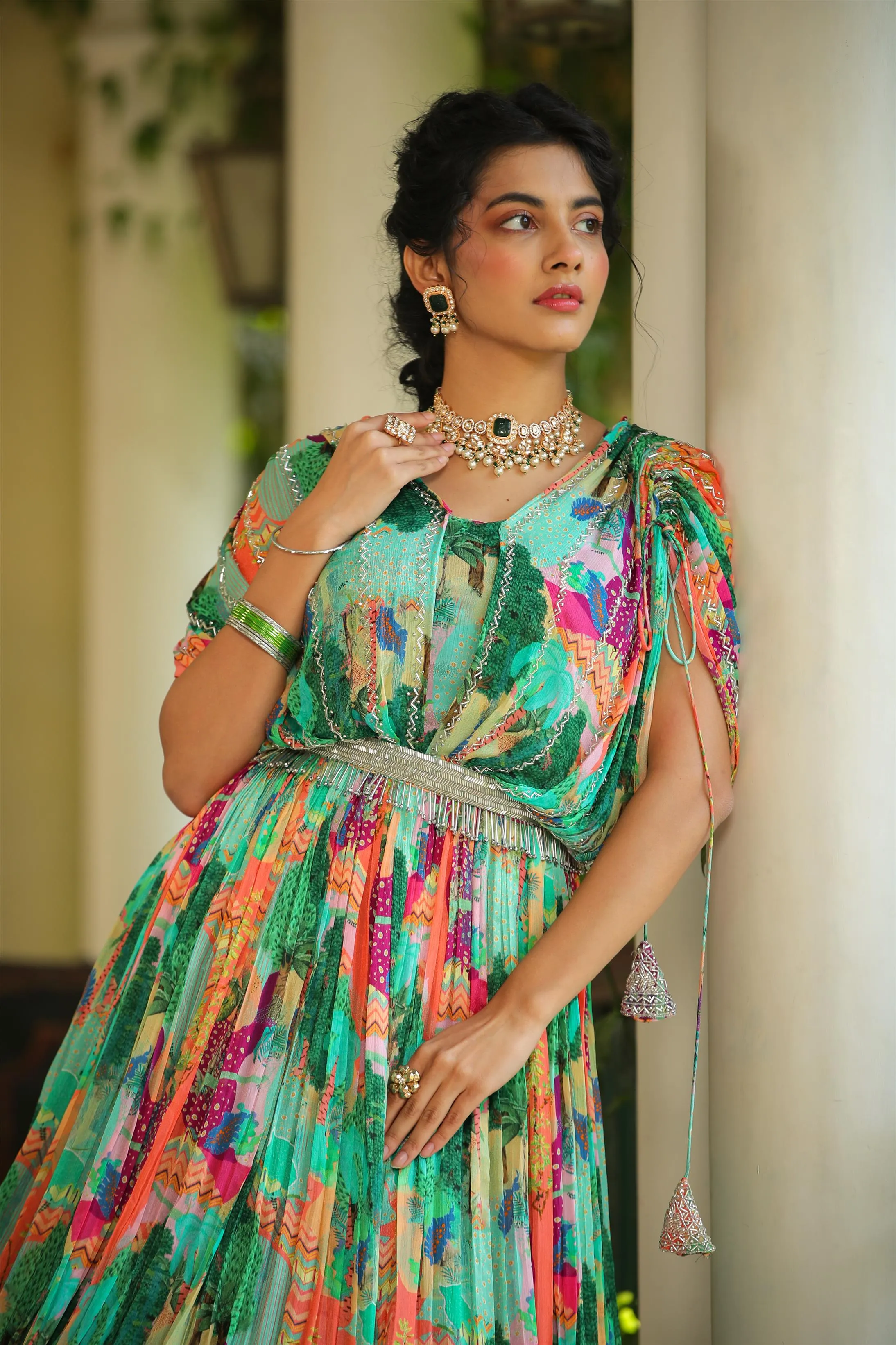 Green Chinon Silk Jungle Print Party Gown With Belt & Attached Cape