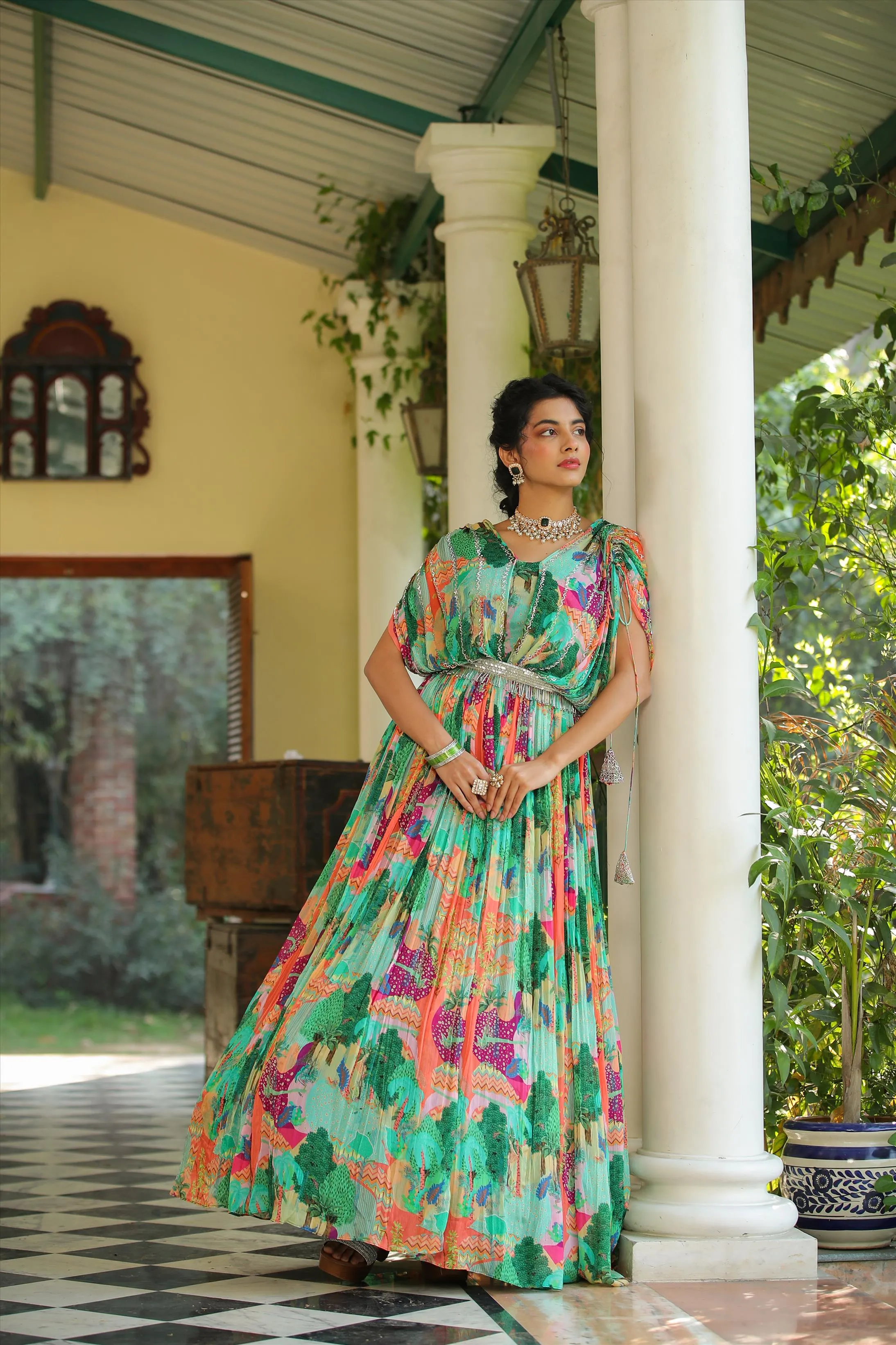 Green Chinon Silk Jungle Print Party Gown With Belt & Attached Cape
