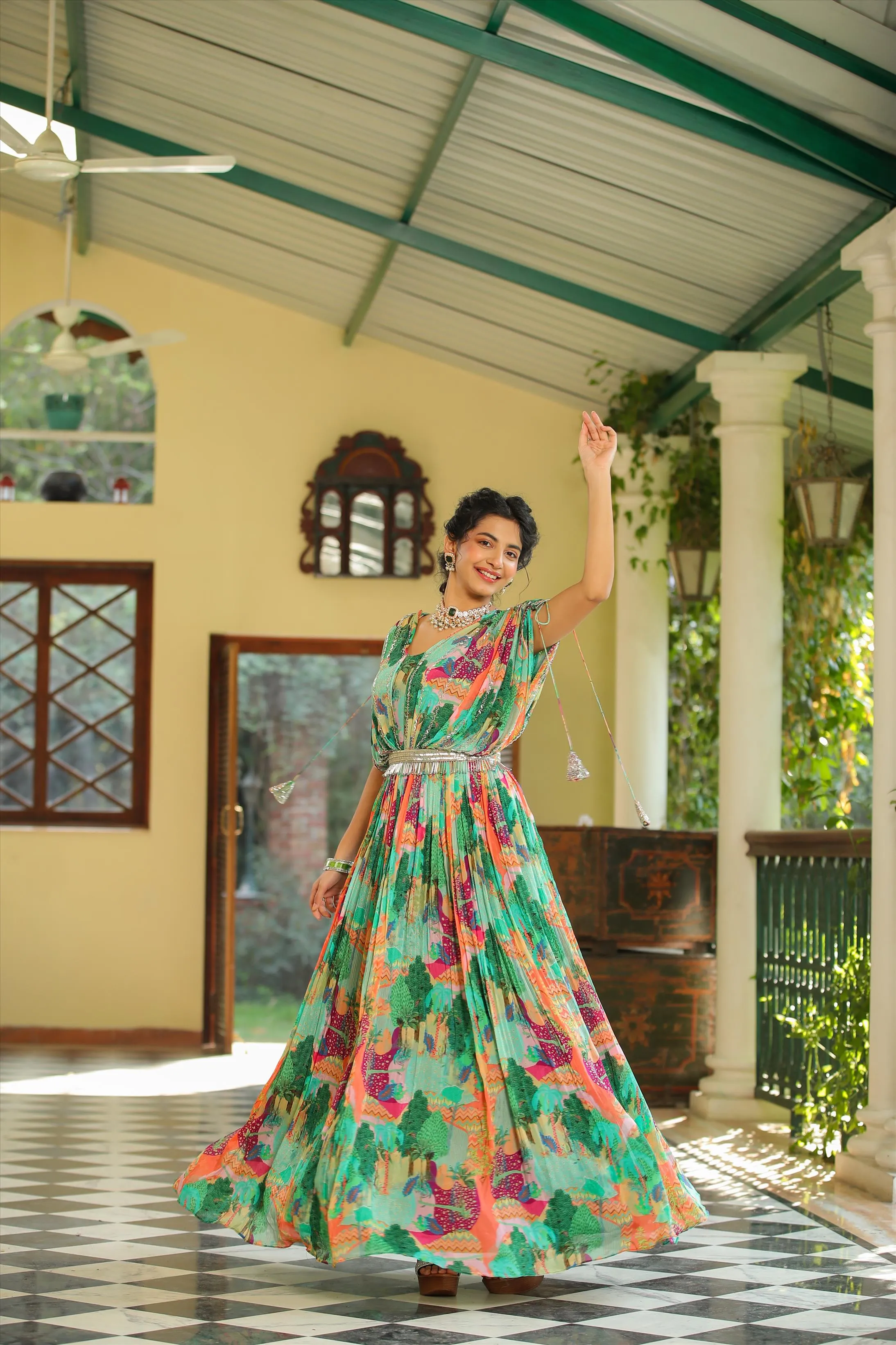 Green Chinon Silk Jungle Print Party Gown With Belt & Attached Cape