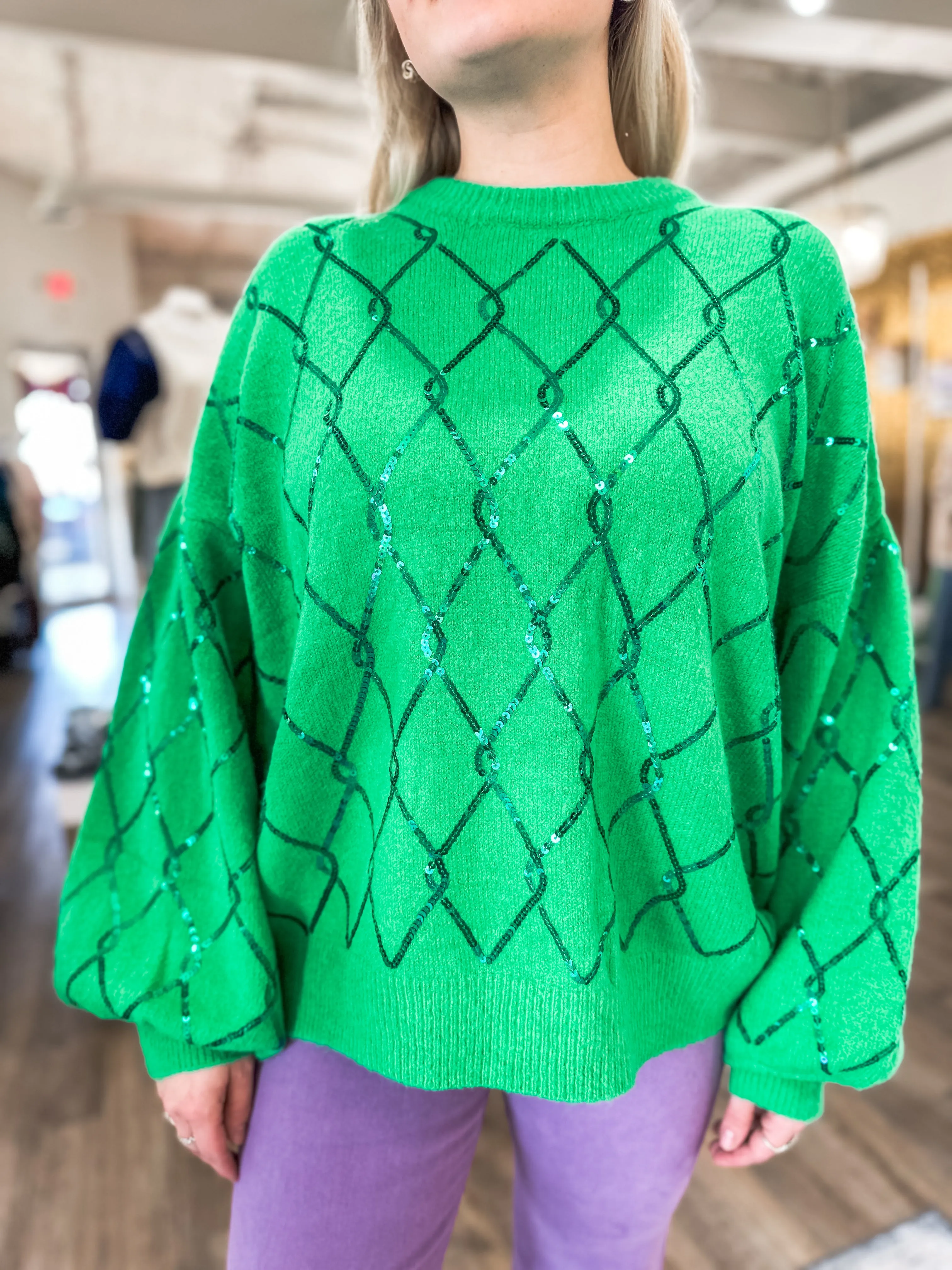 Green Holiday Gem Long Sleeve Sequin Diamond Patterned Sweater