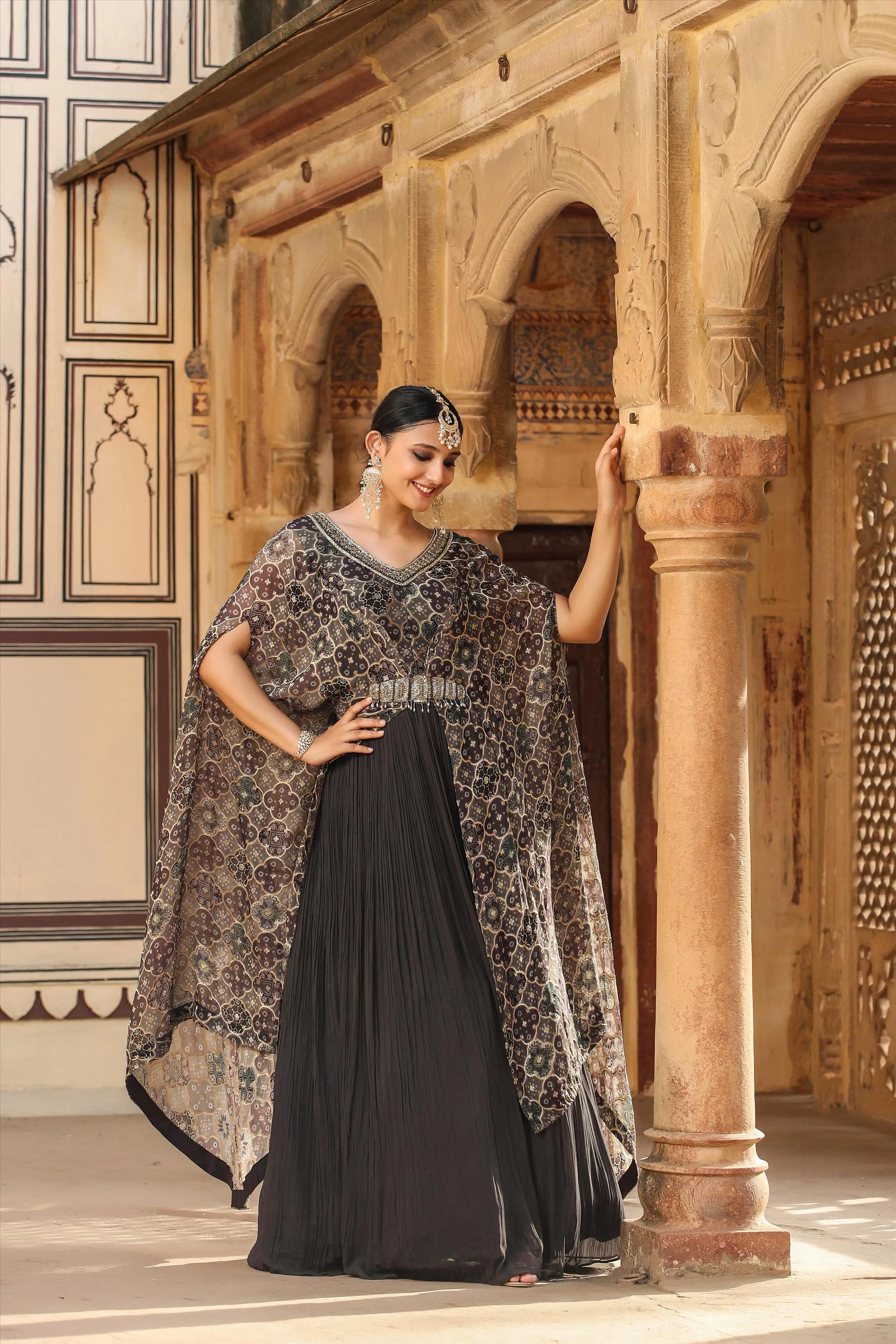 Grey Georgette Gown With Attached Jacquard-Bandhani Cape