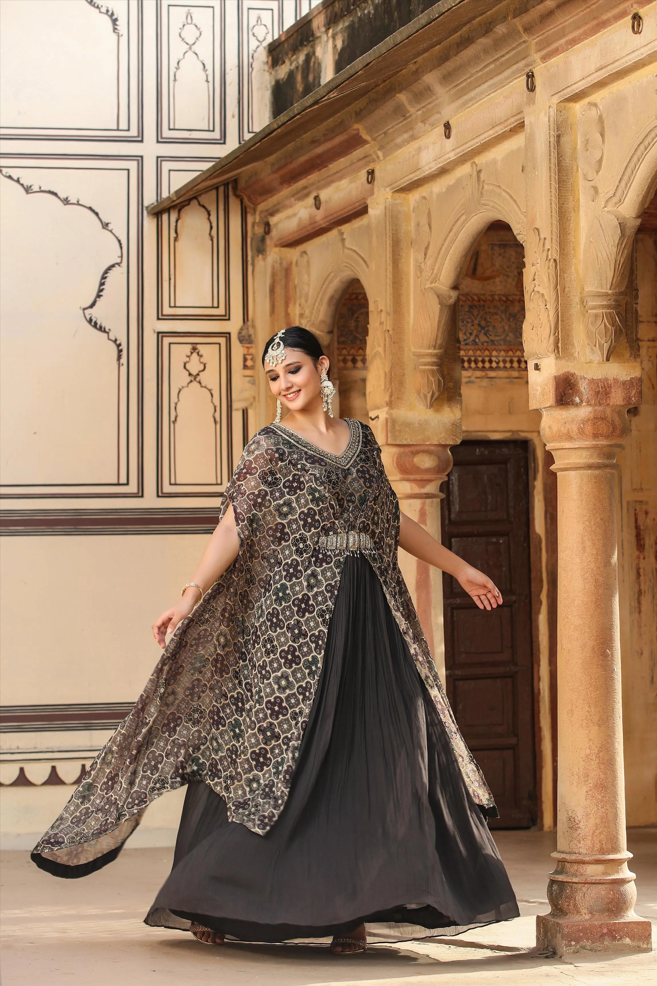 Grey Georgette Gown With Attached Jacquard-Bandhani Cape
