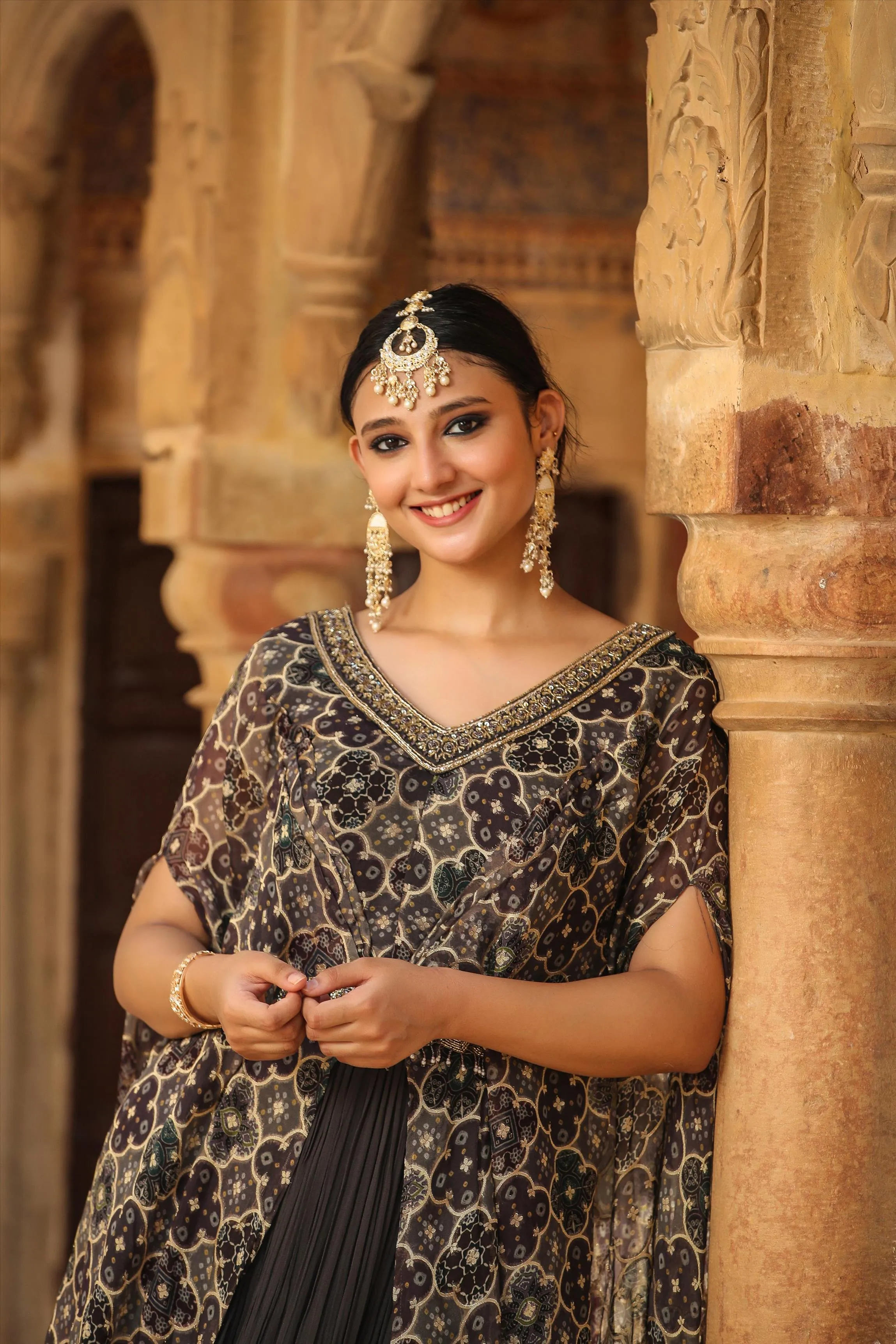 Grey Georgette Gown With Attached Jacquard-Bandhani Cape