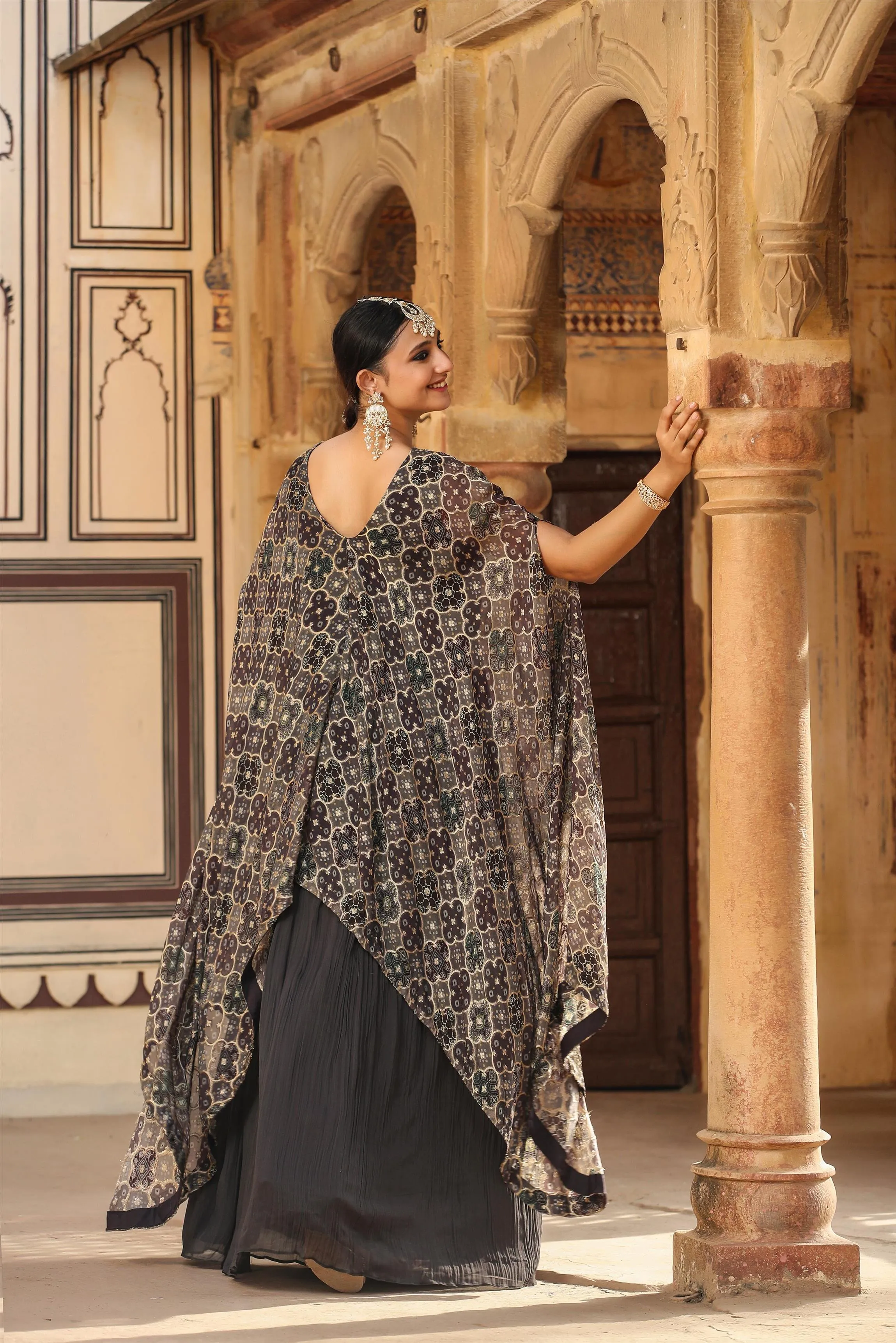 Grey Georgette Gown With Attached Jacquard-Bandhani Cape
