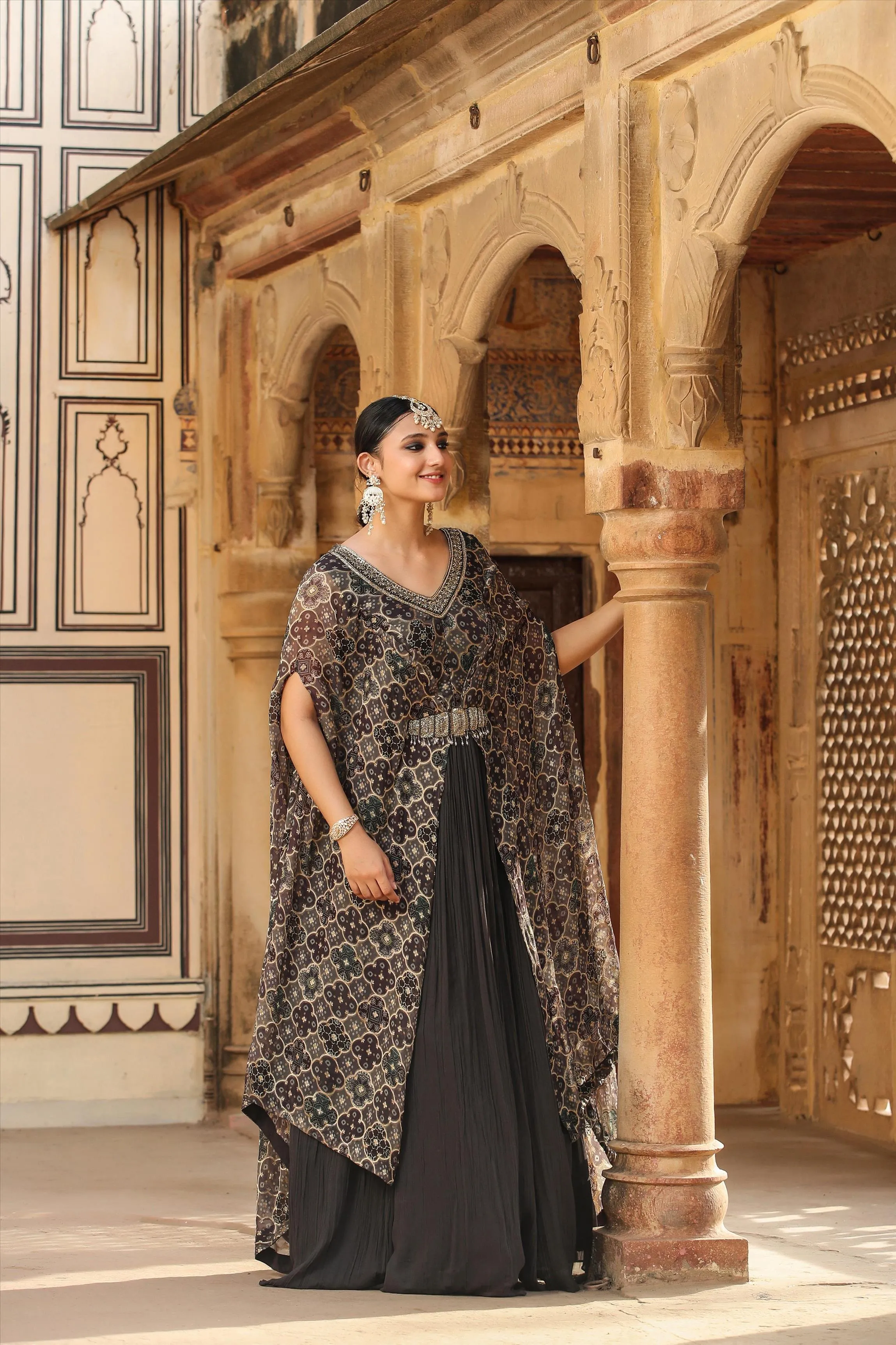 Grey Georgette Gown With Attached Jacquard-Bandhani Cape