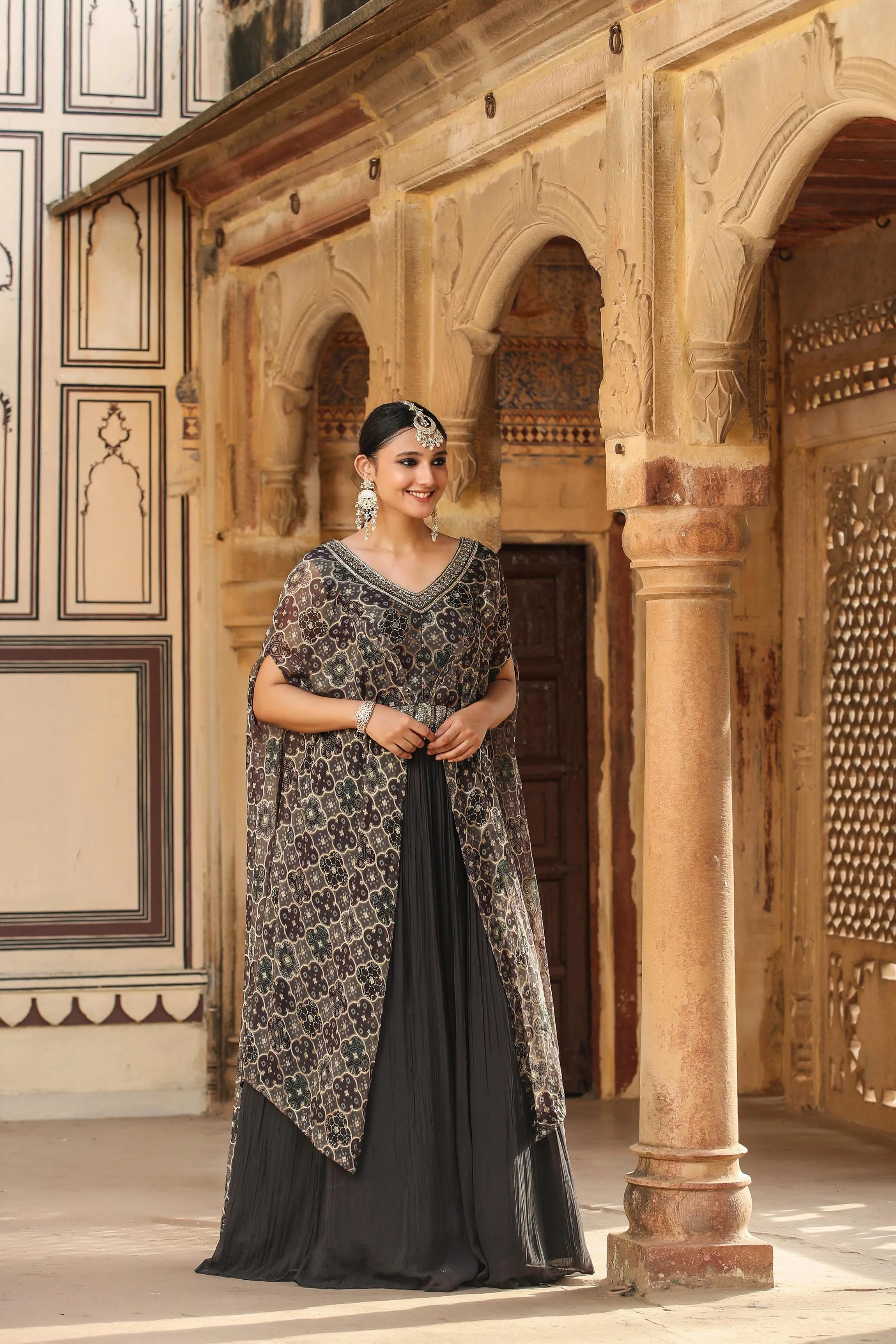 Grey Georgette Gown With Attached Jacquard-Bandhani Cape
