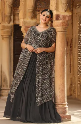 Grey Georgette Gown With Attached Jacquard-Bandhani Cape