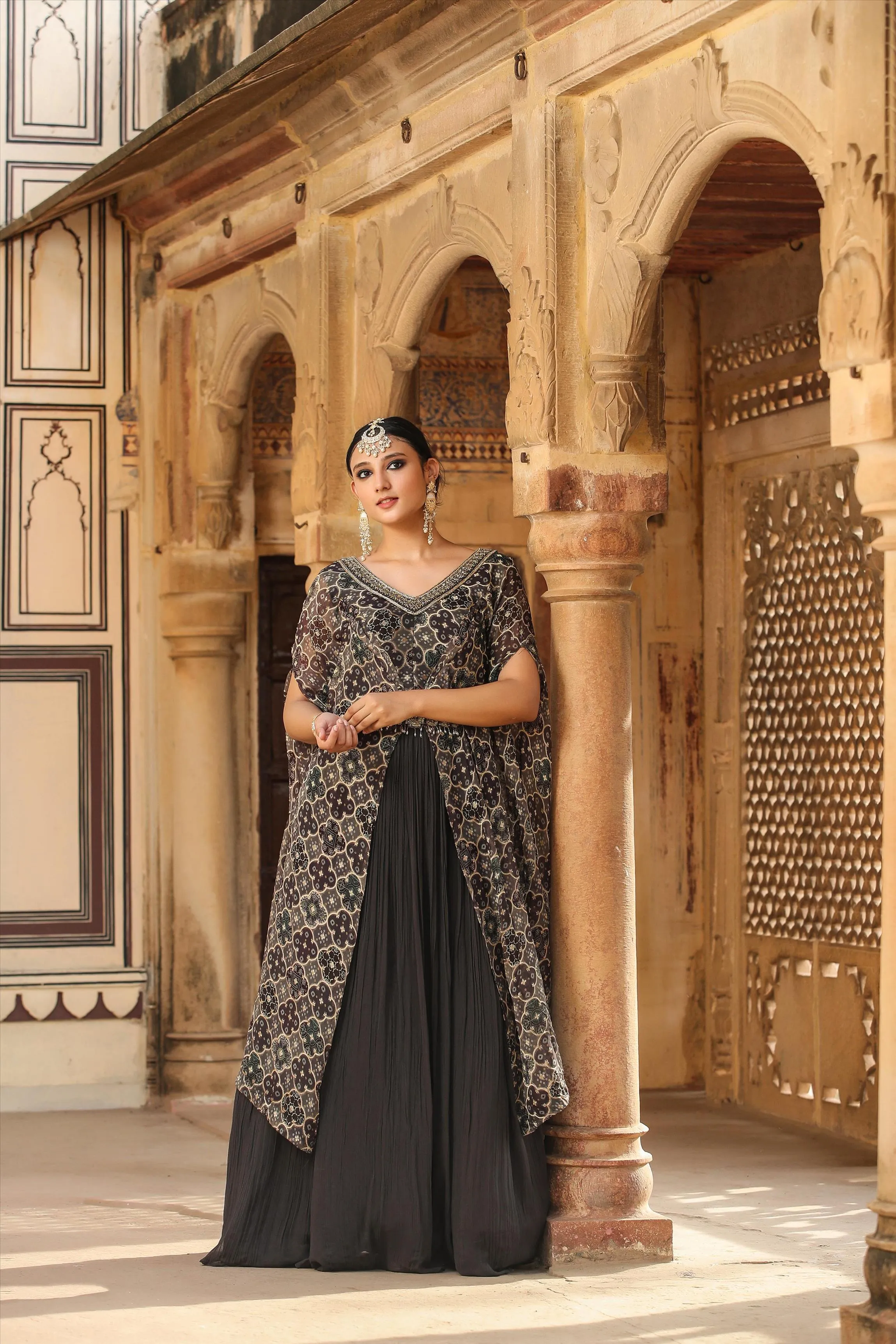 Grey Georgette Gown With Attached Jacquard-Bandhani Cape