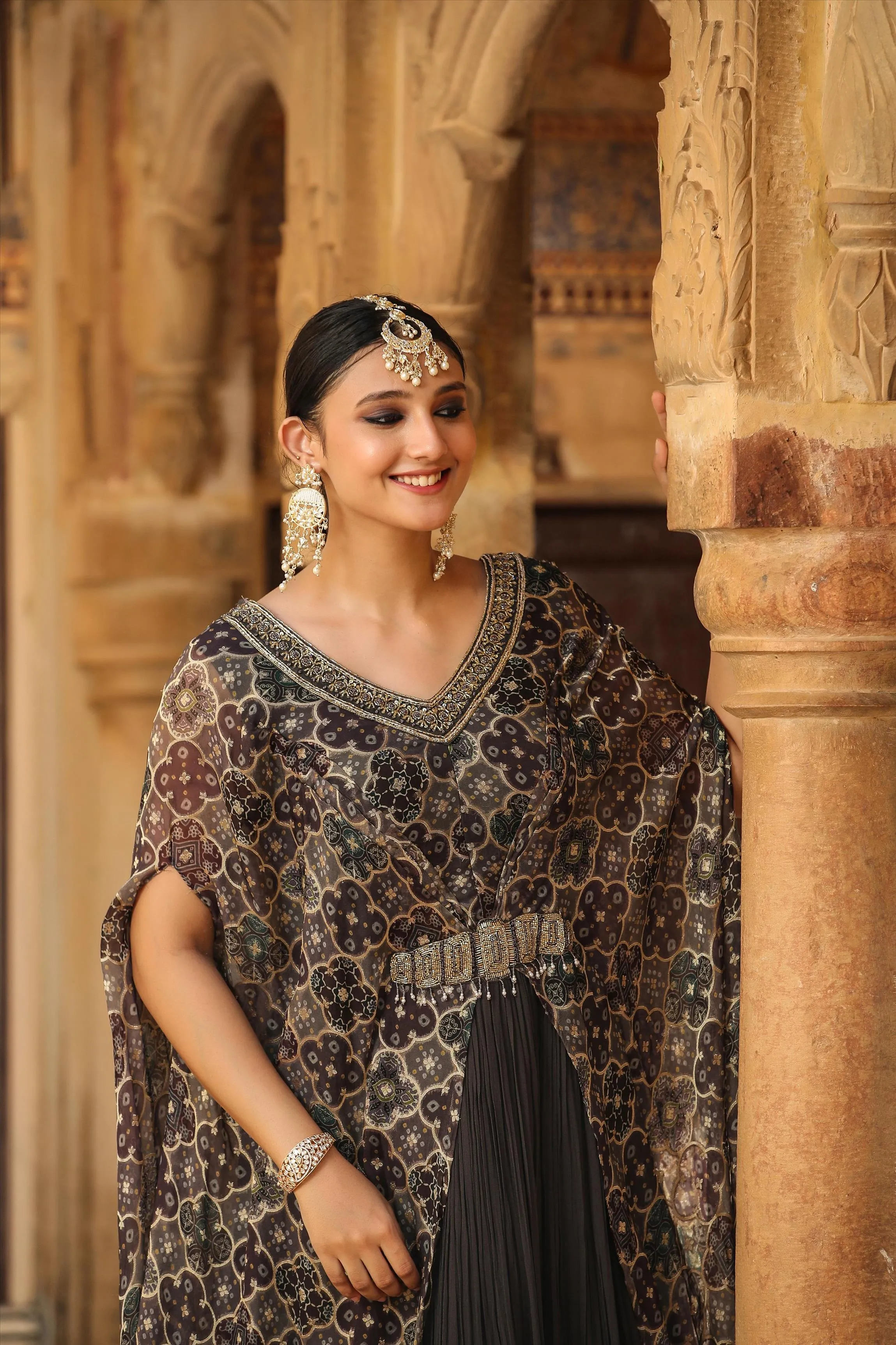 Grey Georgette Gown With Attached Jacquard-Bandhani Cape