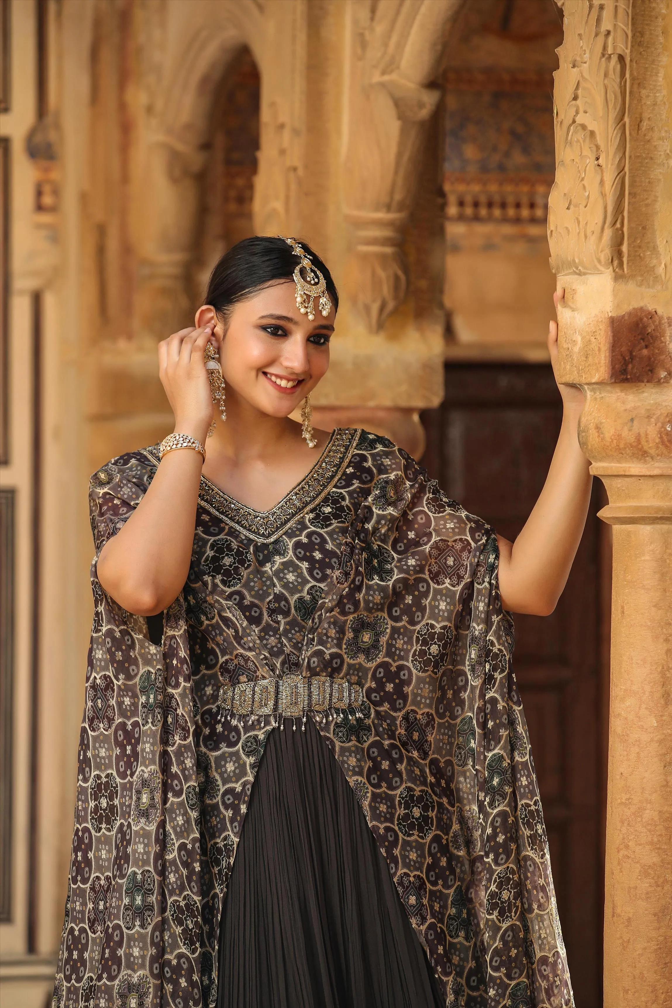 Grey Georgette Gown With Attached Jacquard-Bandhani Cape