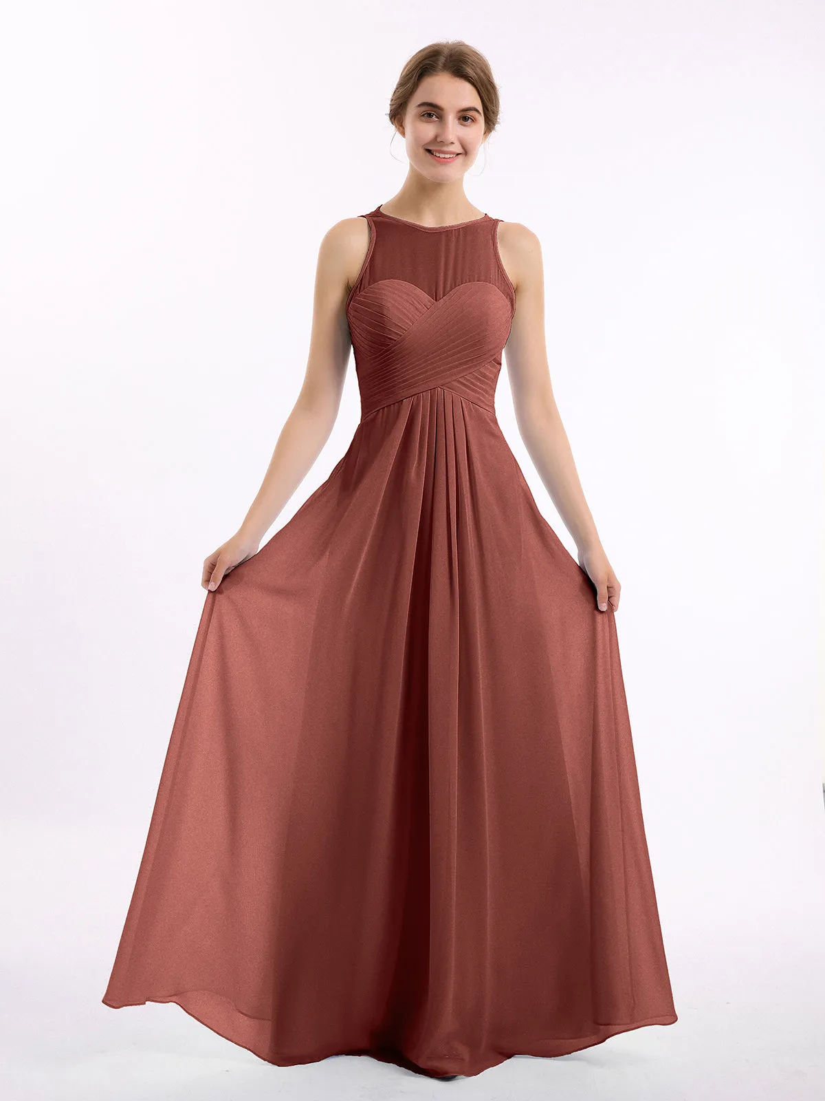 Illusion Sweetheart Neck Empire Chiffon Gown Terracotta