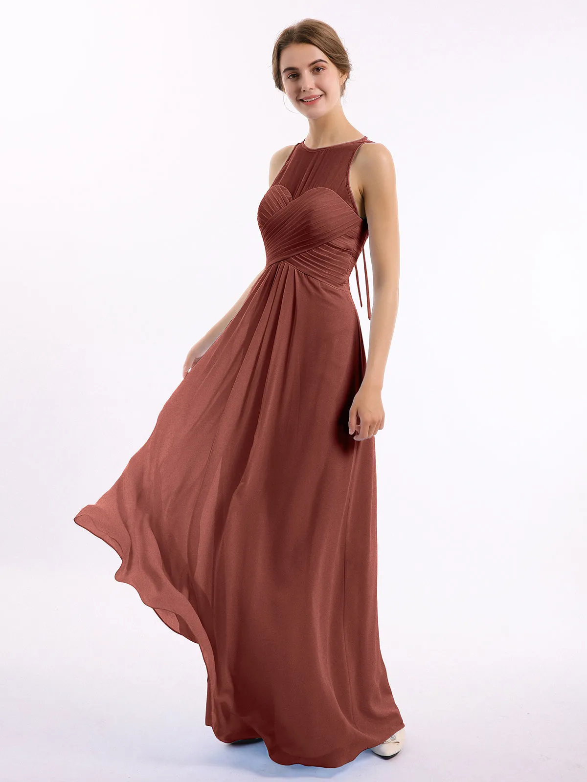 Illusion Sweetheart Neck Empire Chiffon Gown Terracotta