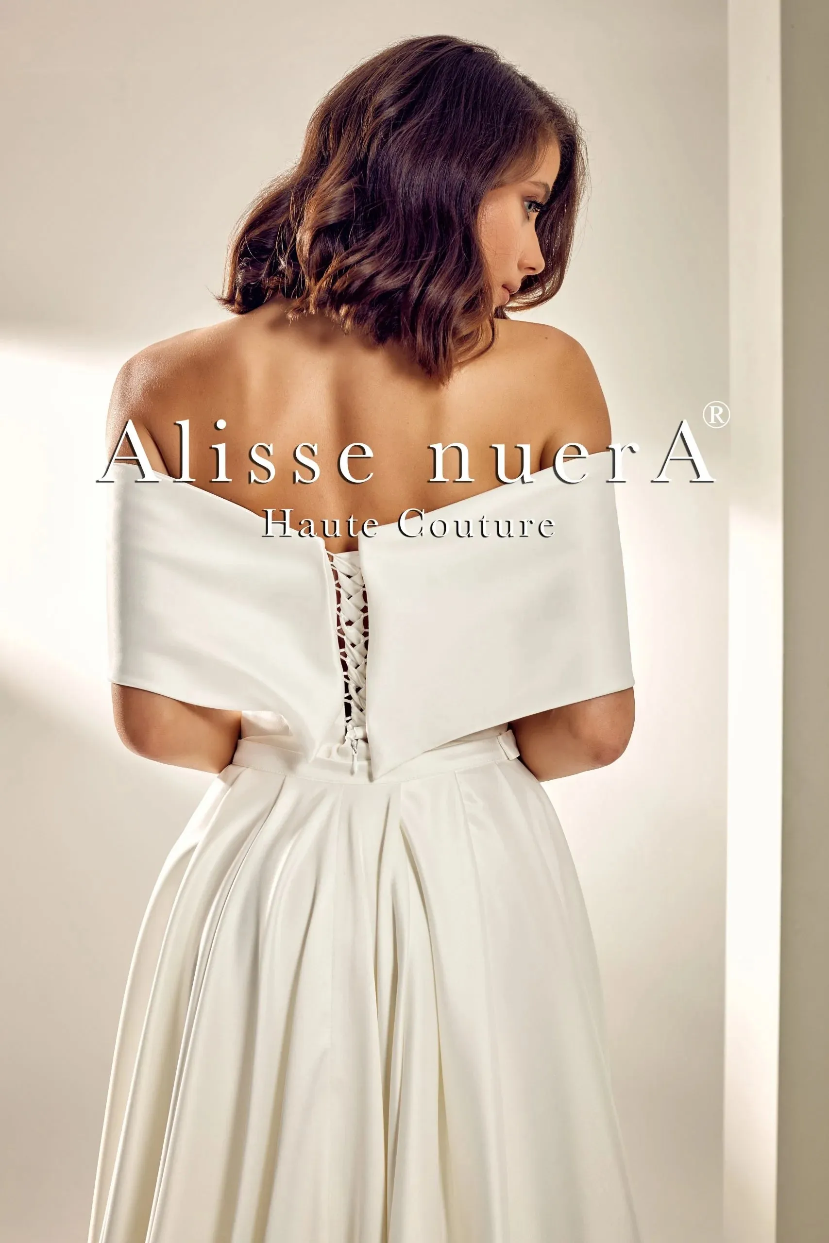 Ivory Satin Wrap Wedding Gown with Pleated Panel Train