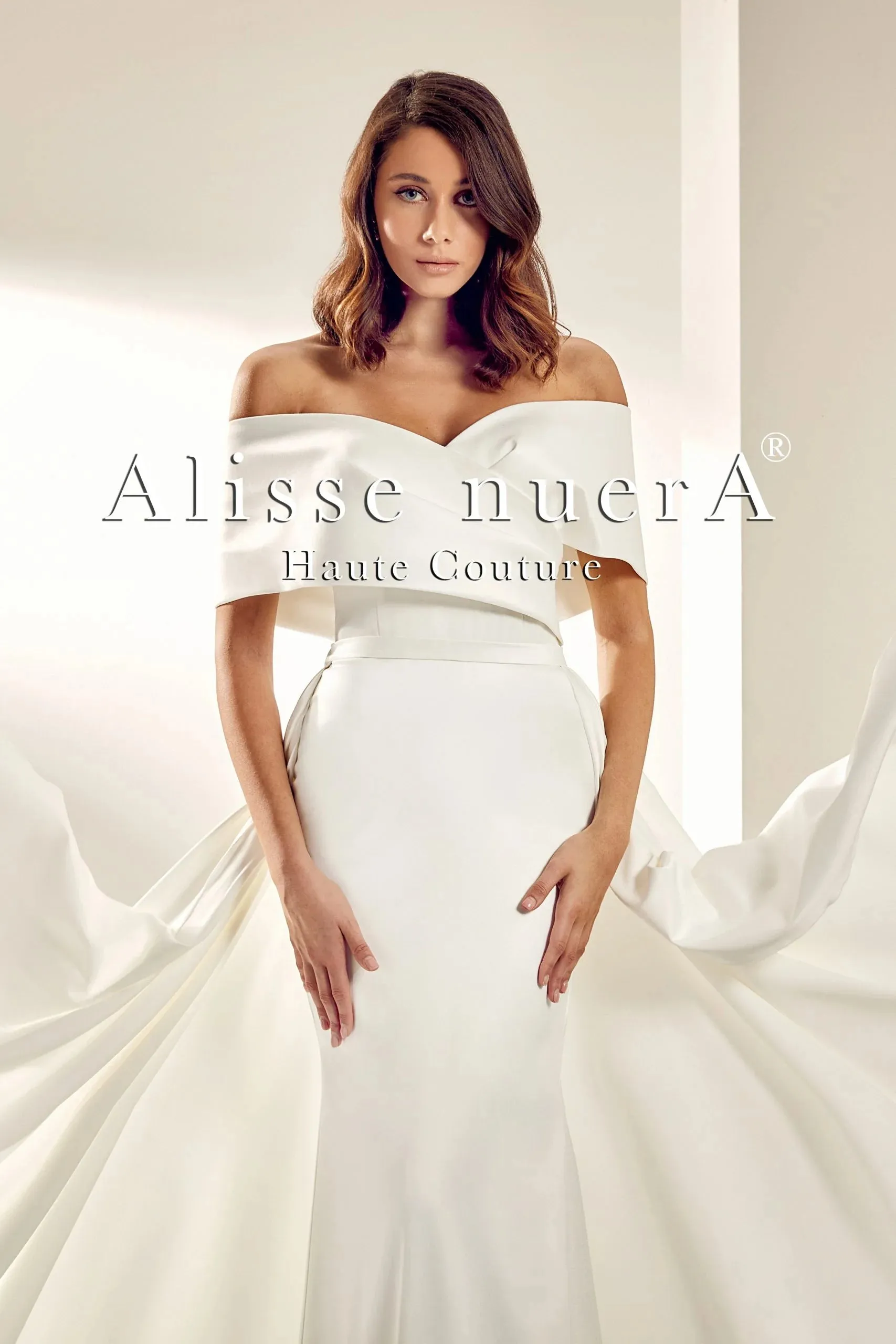 Ivory Satin Wrap Wedding Gown with Pleated Panel Train