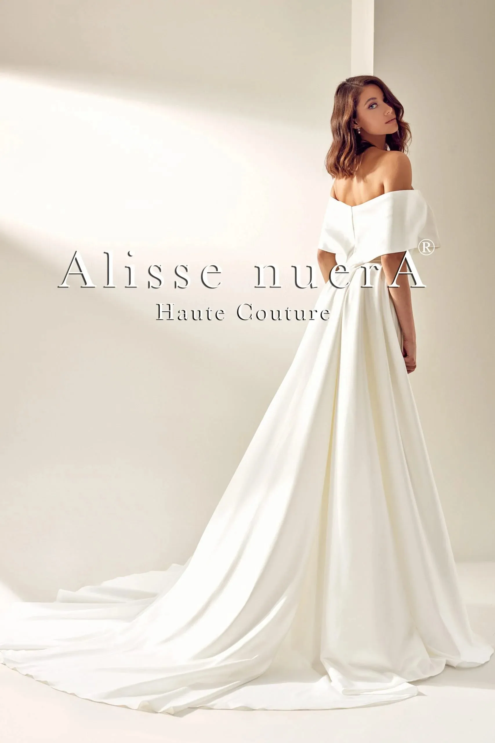 Ivory Satin Wrap Wedding Gown with Pleated Panel Train