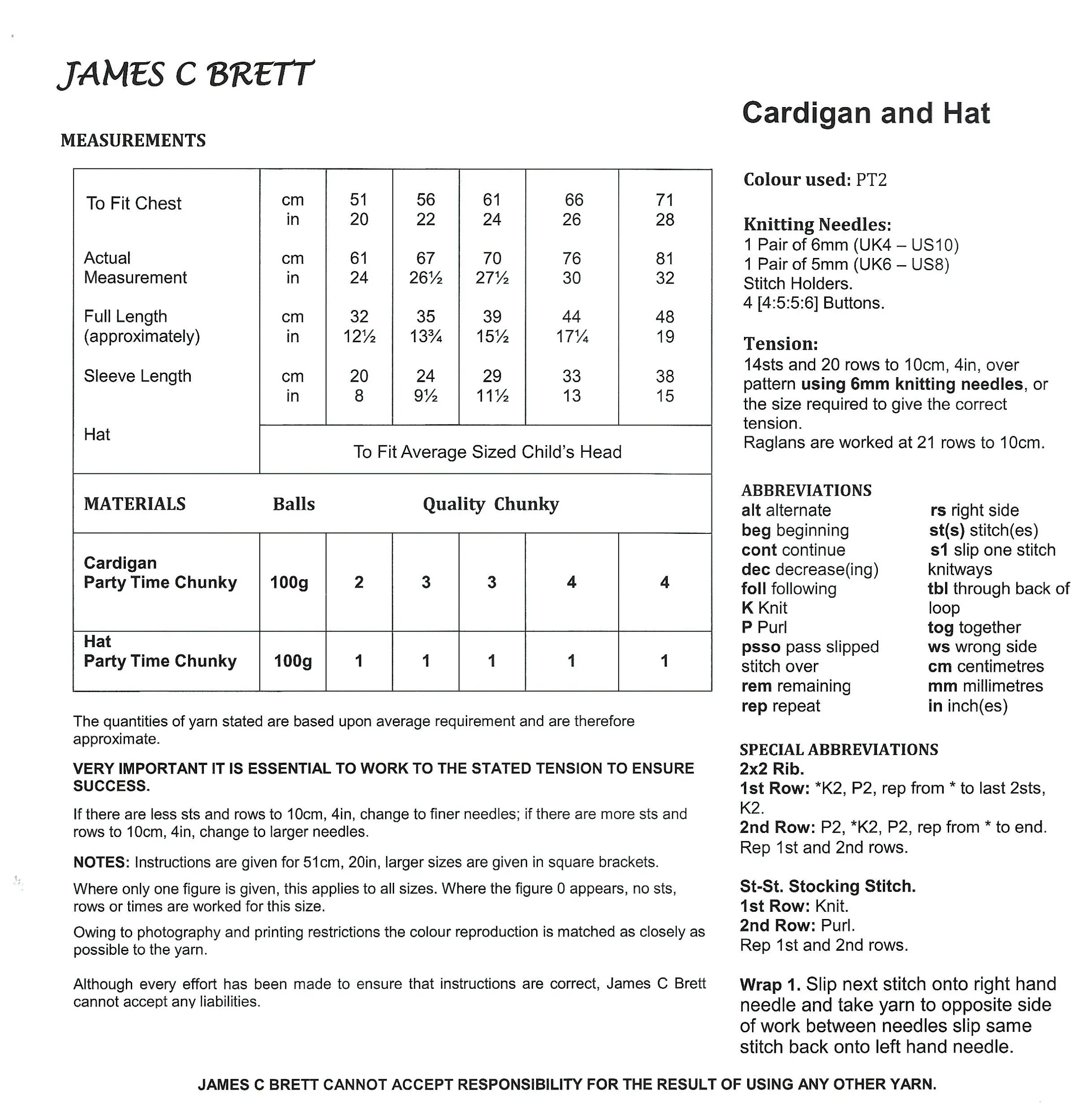 James C Brett JB342 Chunky Knitting Pattern - Cardigan and Hat for Children (51-71cm / 20-28 in)