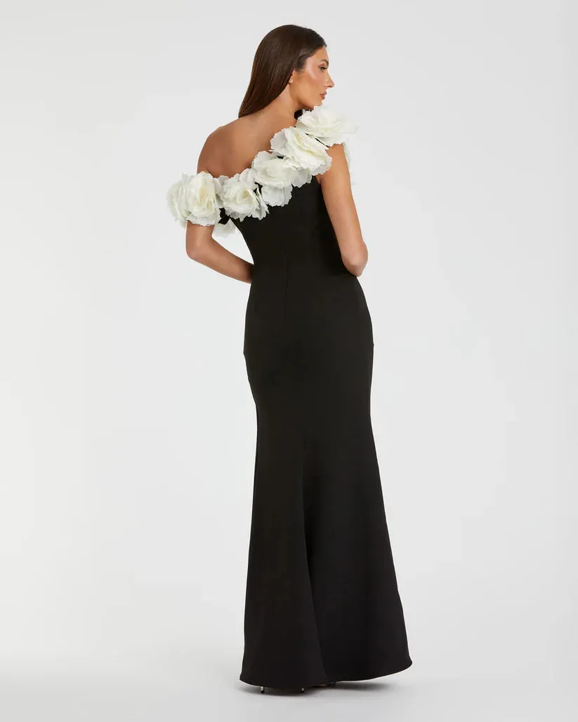 Jersey Gown With 3D Flower Off The Shoulder Detail Black/Cream - MAC DUGGAL