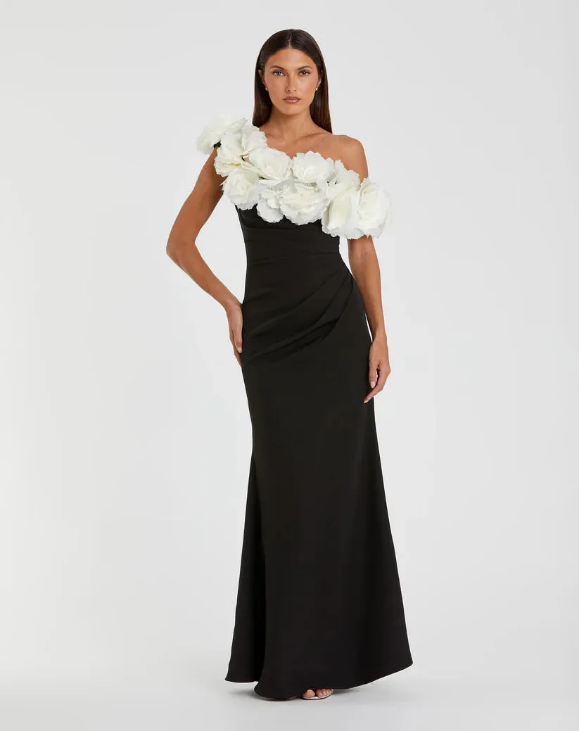 Jersey Gown With 3D Flower Off The Shoulder Detail Black/Cream - MAC DUGGAL