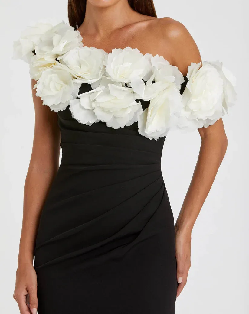Jersey Gown With 3D Flower Off The Shoulder Detail Black/Cream - MAC DUGGAL