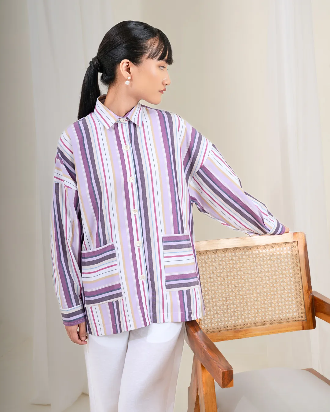 Jiyū Oversized Flap Shirt : Lavender & Ivory Stripe