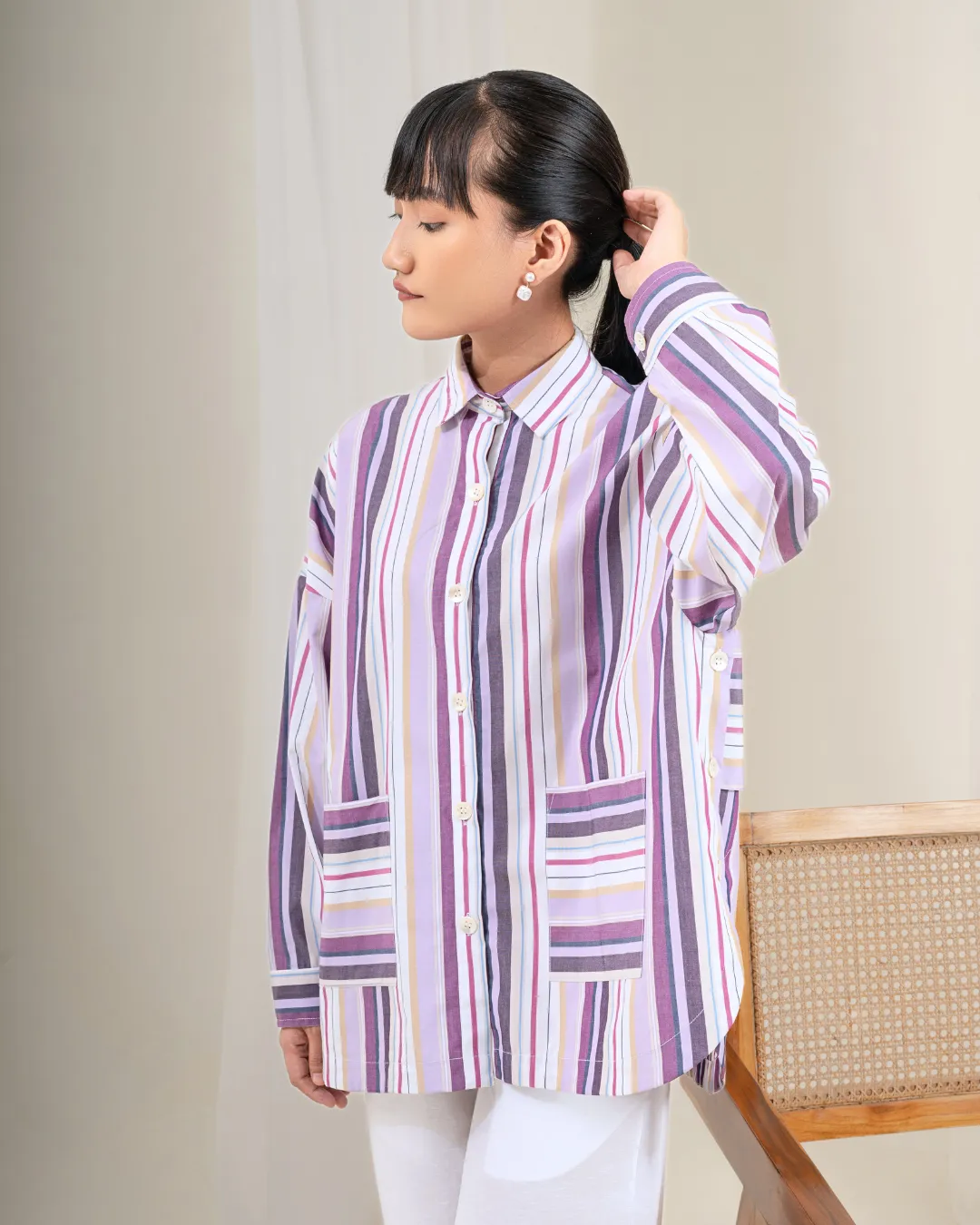 Jiyū Oversized Flap Shirt : Lavender & Ivory Stripe