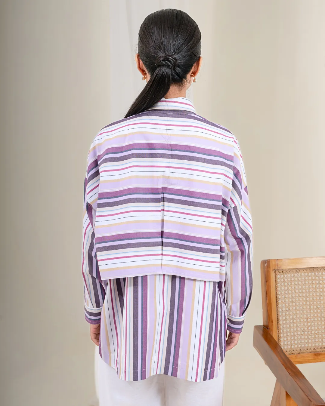 Jiyū Oversized Flap Shirt : Lavender & Ivory Stripe