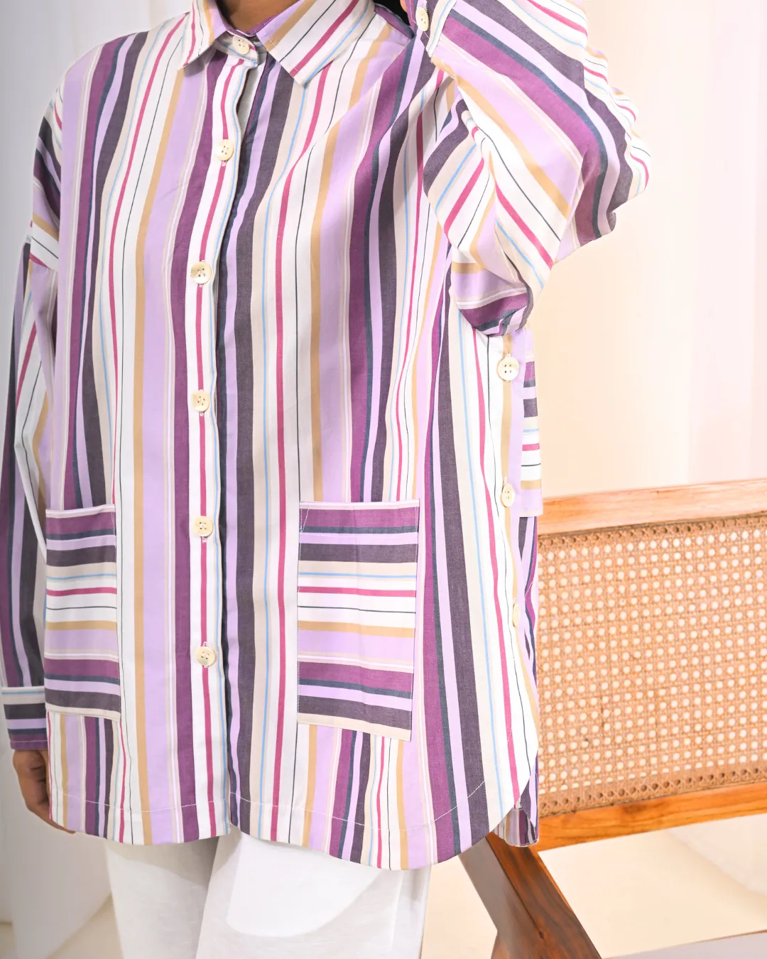 Jiyū Oversized Flap Shirt : Lavender & Ivory Stripe