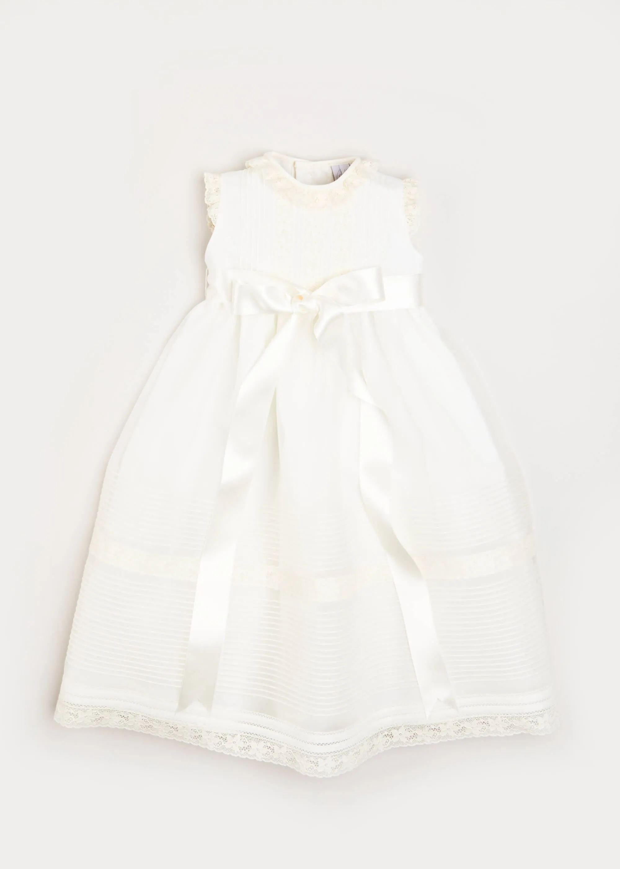 Lace Trim Fine Pleated Gown in Ivory (6-12mths)