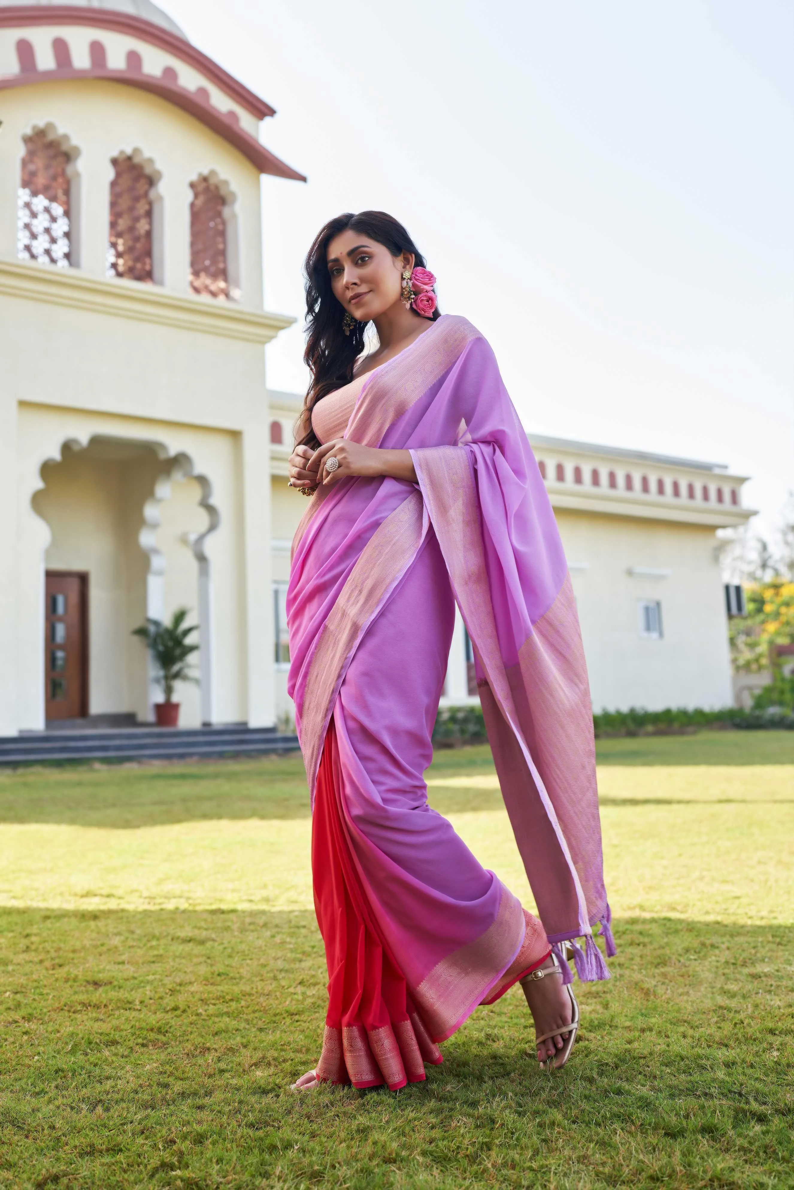 Lavender & Red Pure Georgette Saree