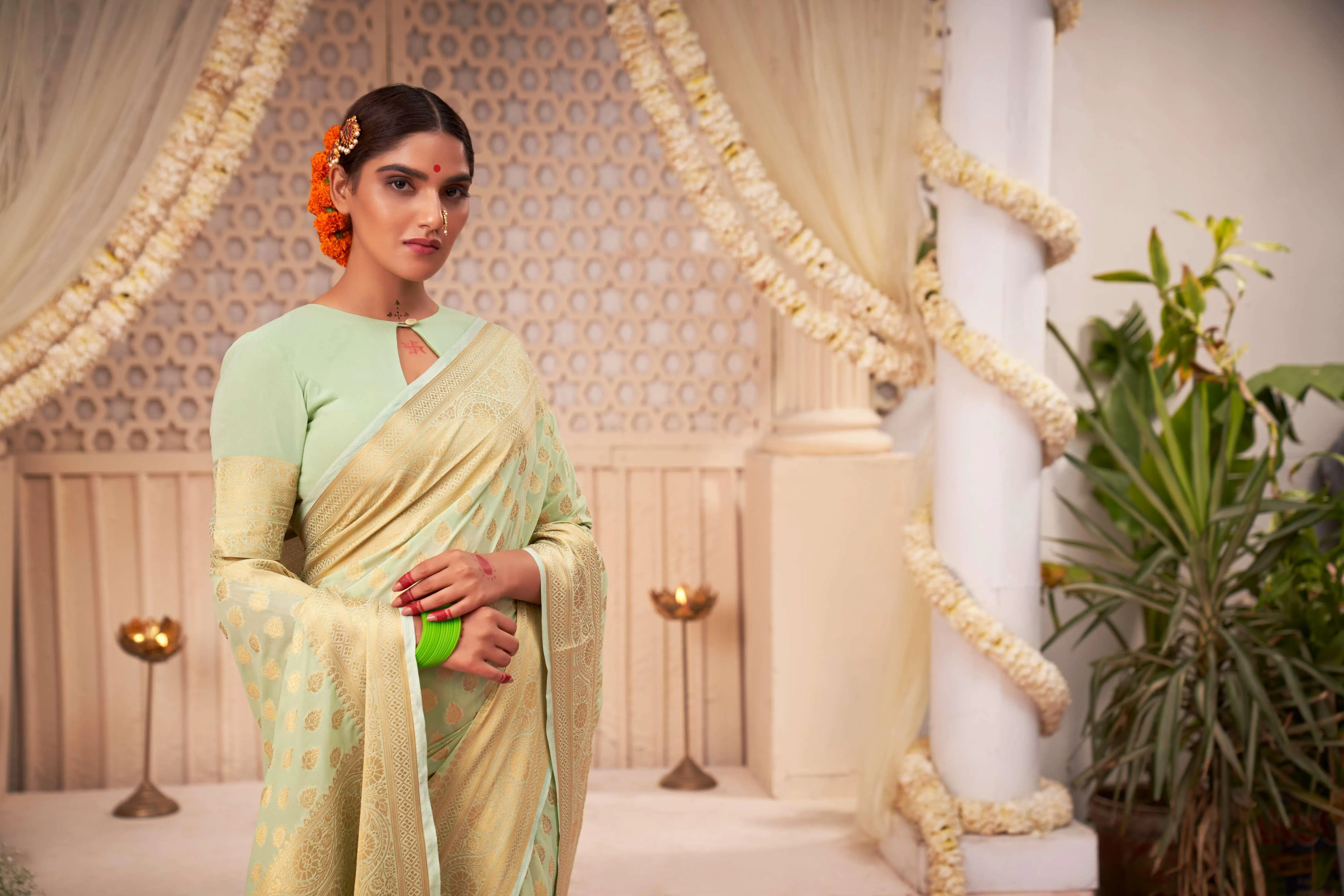 Light Green Banarasi Georgette Saree