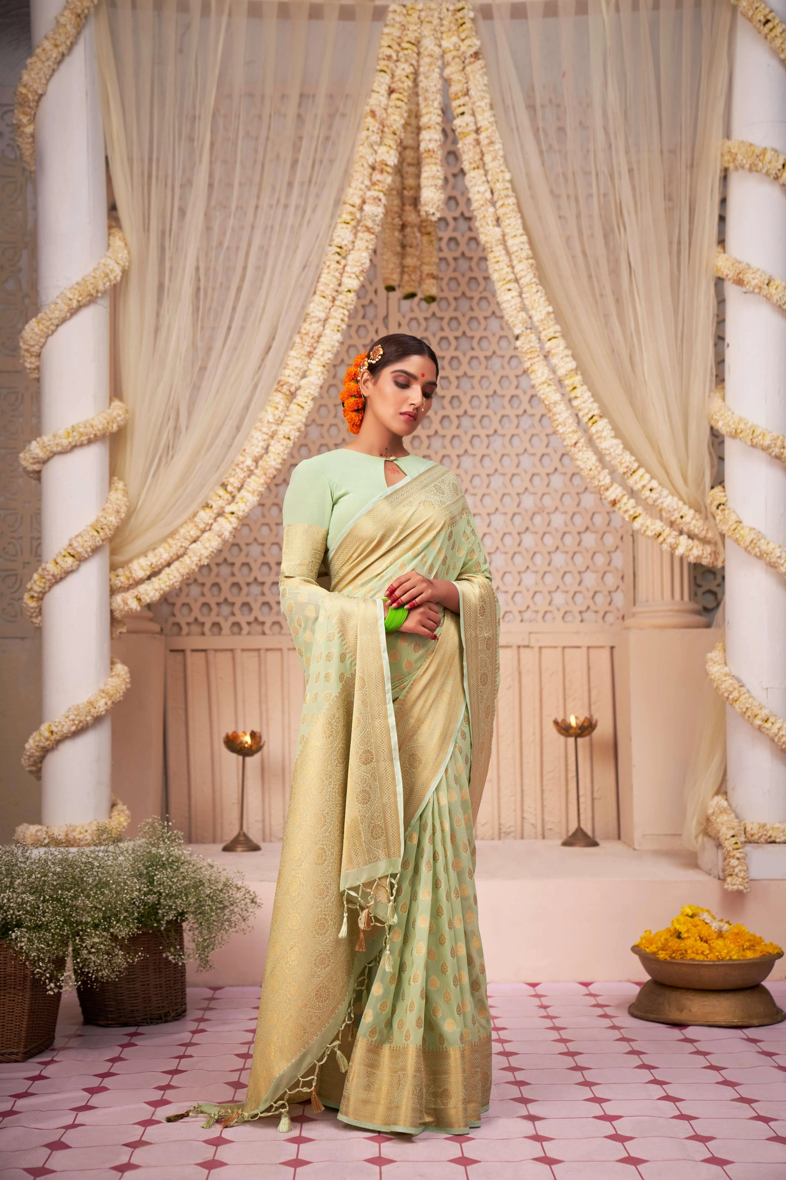Light Green Banarasi Georgette Saree