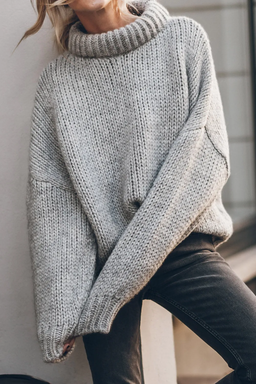 Light Grey Chunky High Neck Drop Shoulder Sweater
