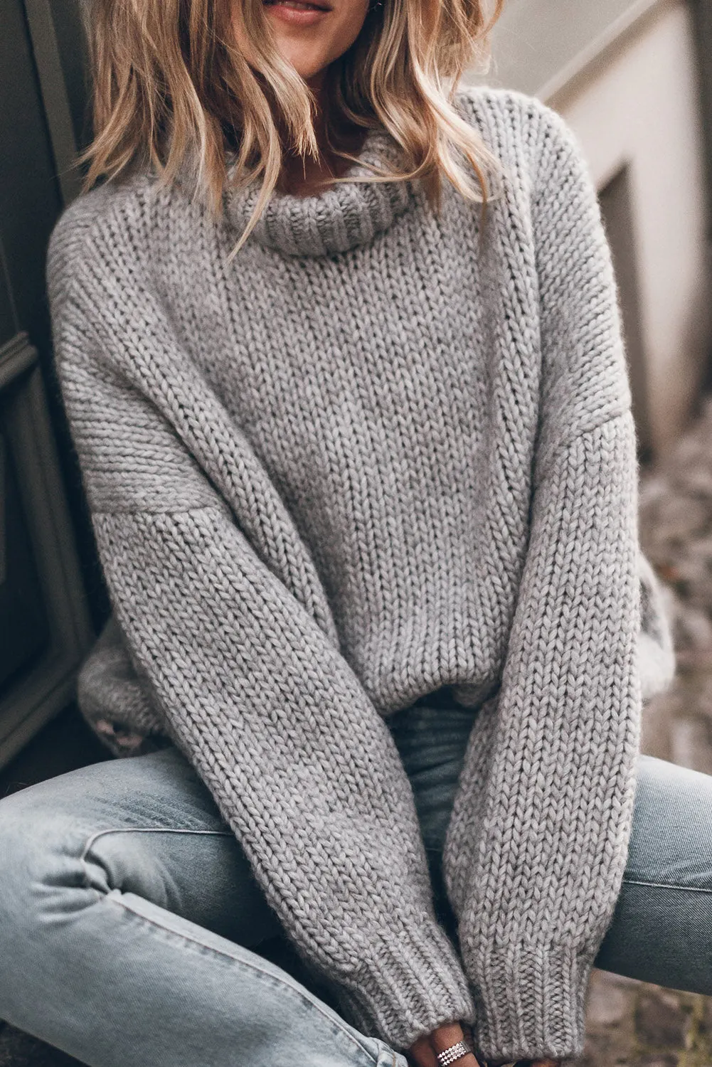 Light Grey Chunky High Neck Drop Shoulder Sweater