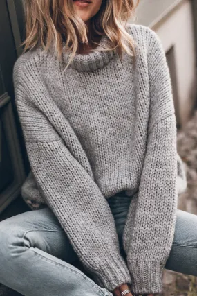 Light Grey Chunky High Neck Drop Shoulder Sweater
