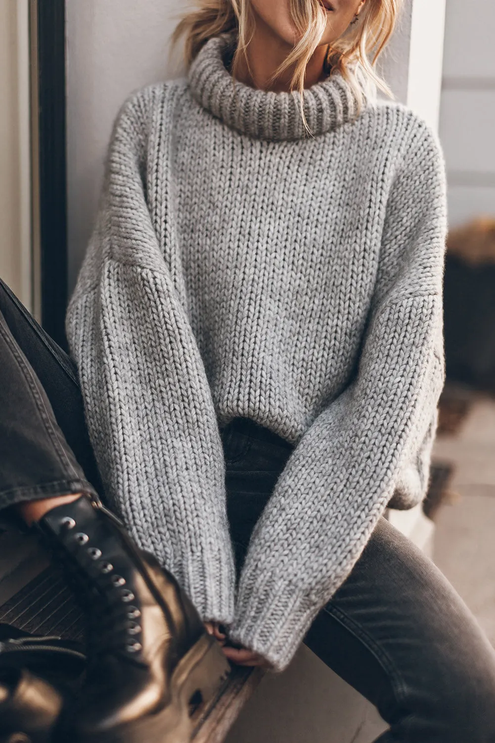 Light Grey Chunky High Neck Drop Shoulder Sweater