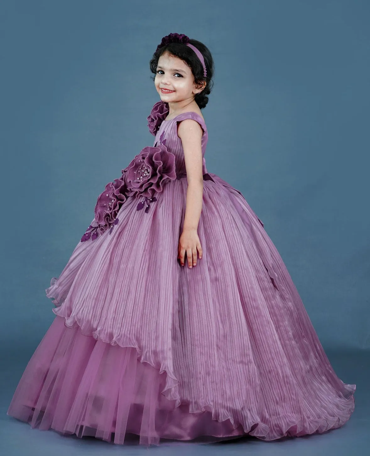 Lilac Pleated Texture Gown With Dusky Lavender Flowers Detailing
